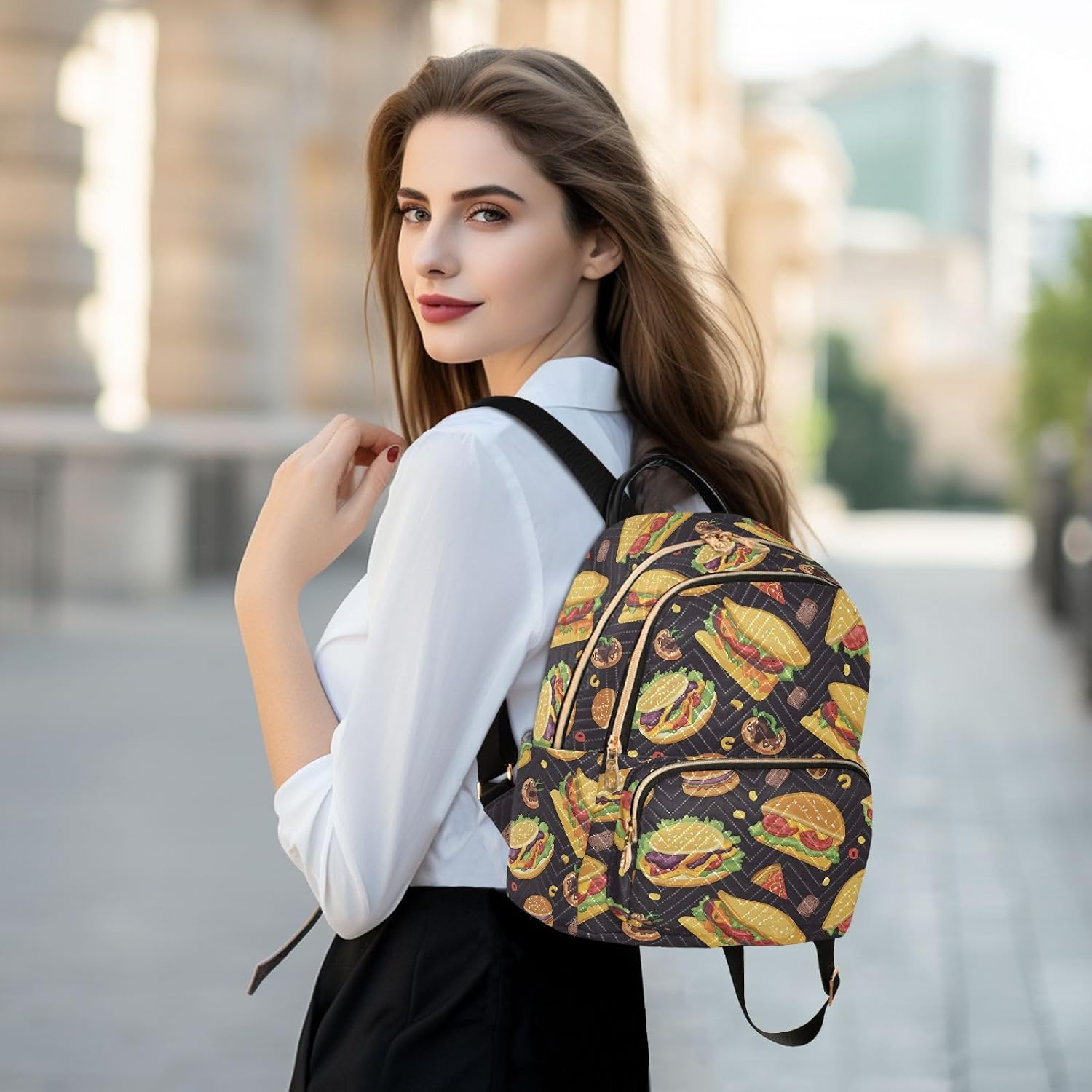 Tacos Burgers Pizza Pattern Backpack Purse for Women Shoulder Bag Fashion Daypack Ladies Handbag Lightweight Travel Bag Rucksack