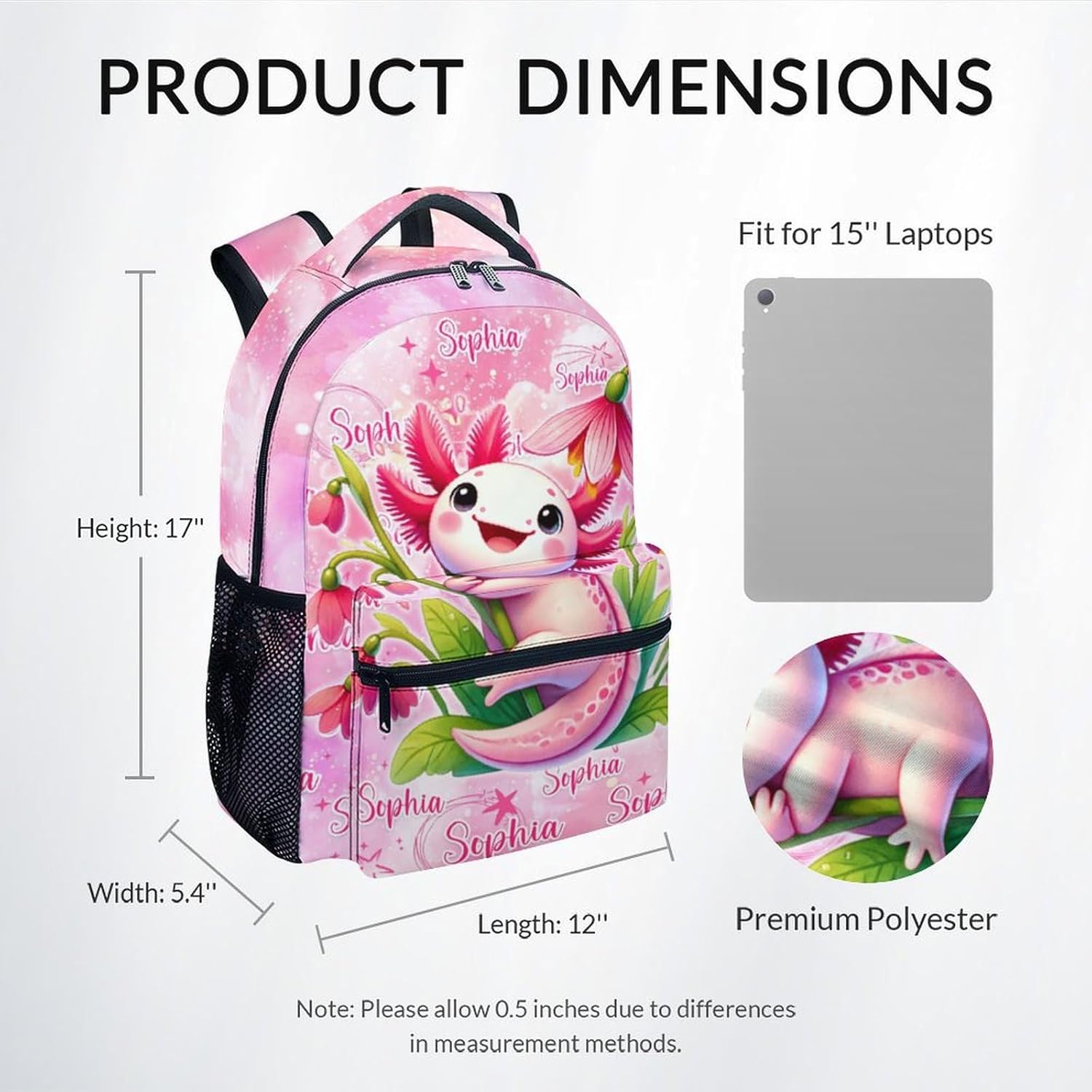 UNIKITTY Personalized Backpack for Kids - Axolotl Backpack for Girls - Custom Toddler Bookbag with Name - 17 Inch Customized Kid's School Bag - Back to School Gifts