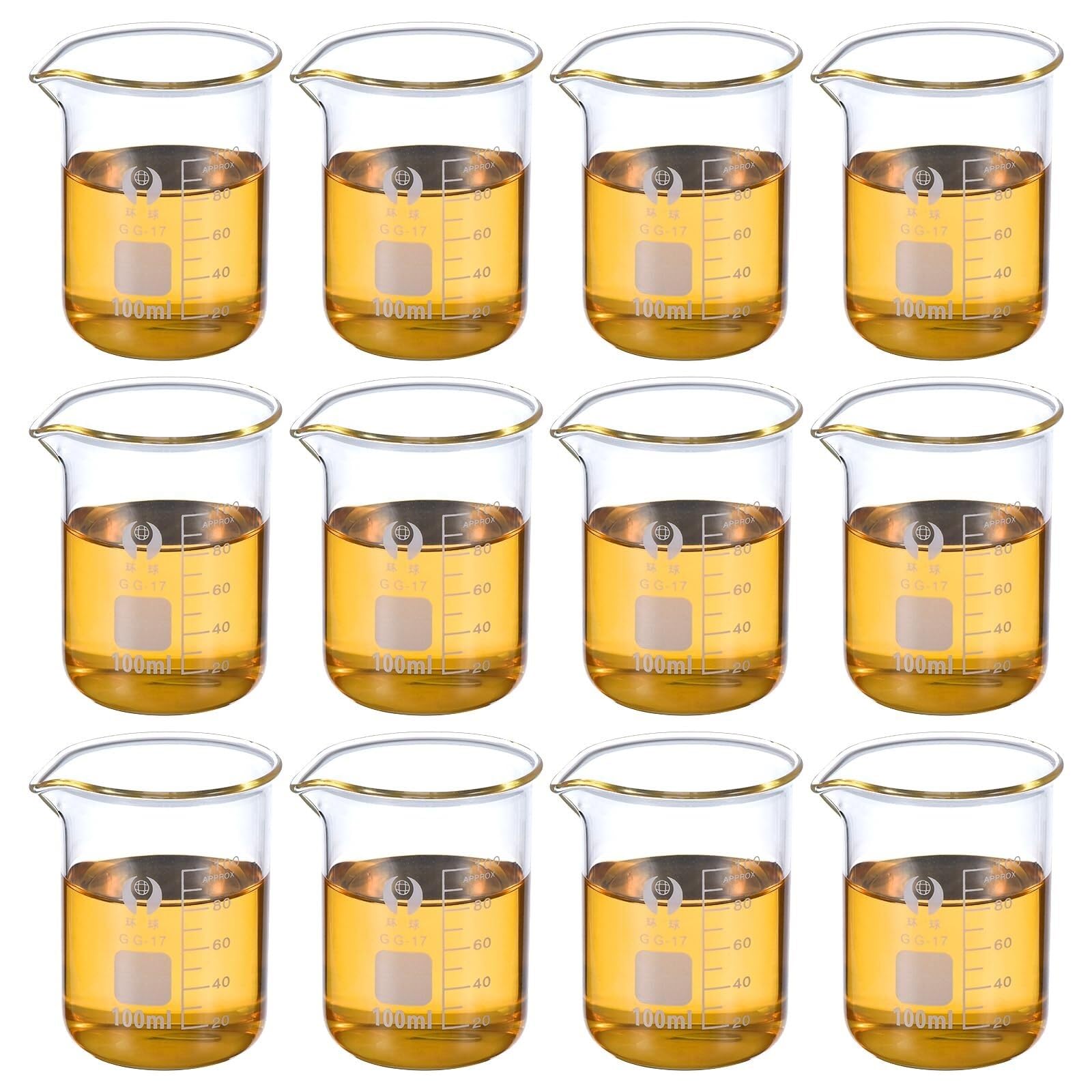 Becher in vetro 300ml, Confezione da 12 in vetro borosilicato con scala graduata e beccuccio - Resistente al calore e ai prodotti chimici(5 pcs 100ML)