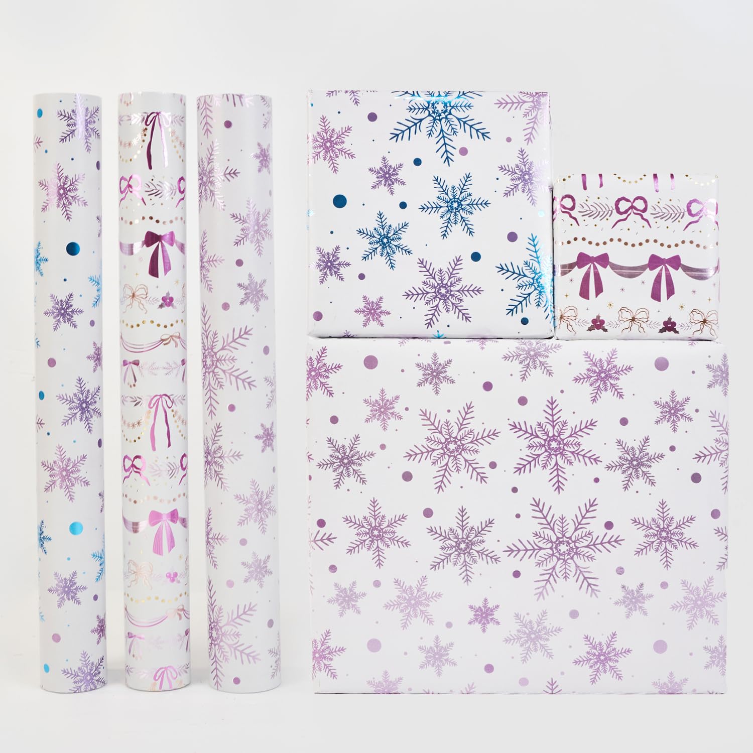 Christmas Wrapping Paper Roll,3 Rolls 43cm x 3m Xmas Gift Wrapping Paper,Metallic Gift Wrap Paper with Snowflake Bows Ribbon Pattens for Christmas,Party,Festive Decorations (pink blue)