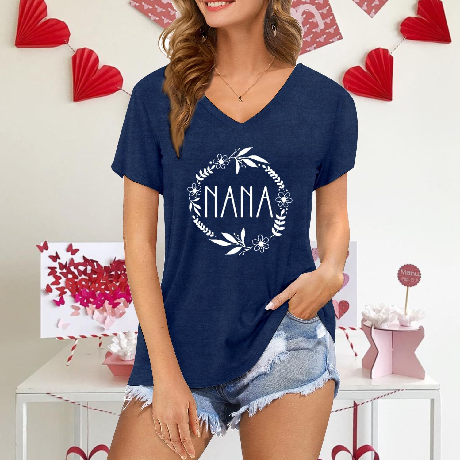 Nana Shirts for Women Mothers Day T-Shirt Love Heart Nana V Neck Tee Tops - Image 2