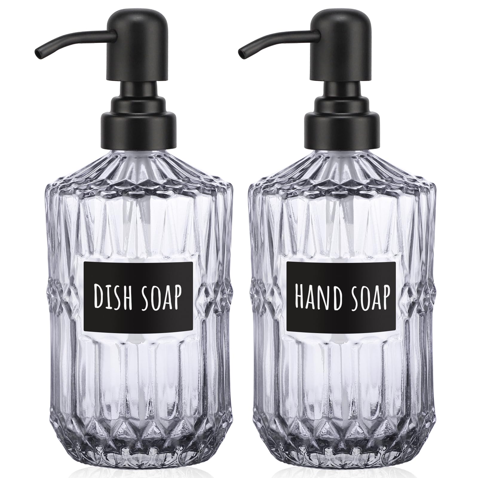 Segbeauty Glass Soap Dispenser Refillable, 2 Pack 15.2oz Modern Farmhouse Decor Pump Bottles with Labels, 450ml Western Decor Hand Soap Dispenser Set Liquid Gel Container for Bathroom Kitchen Gray