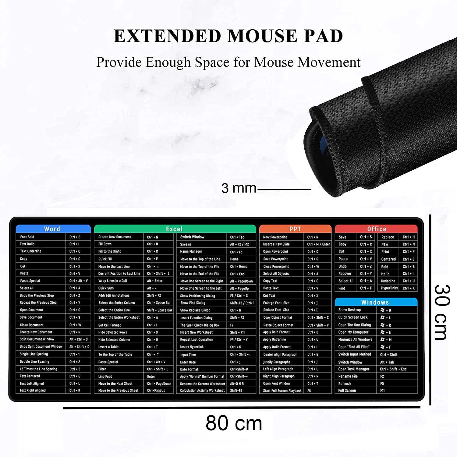 Seagull flight of fashion Large Extended Mouse Pad XXL with Non-Slip Rubber Base, Stitched Edge Mouse Mat for Laptop, Computer & Desk - 80 x 30 x 0.3 cm - Shortcut Keys Design