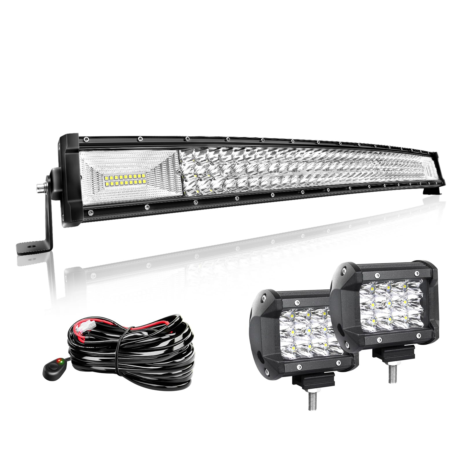 Willpower Barra LED 4x4 32" 405W + Focos LED Tractor 4" 12V 24V, Cableado | Barra Luz LED Curva 81CM + 2X Focos de Trabajo LED 10CM, Largo Alcance, Blanco, para Coche Camion Barco Quad Vehículos