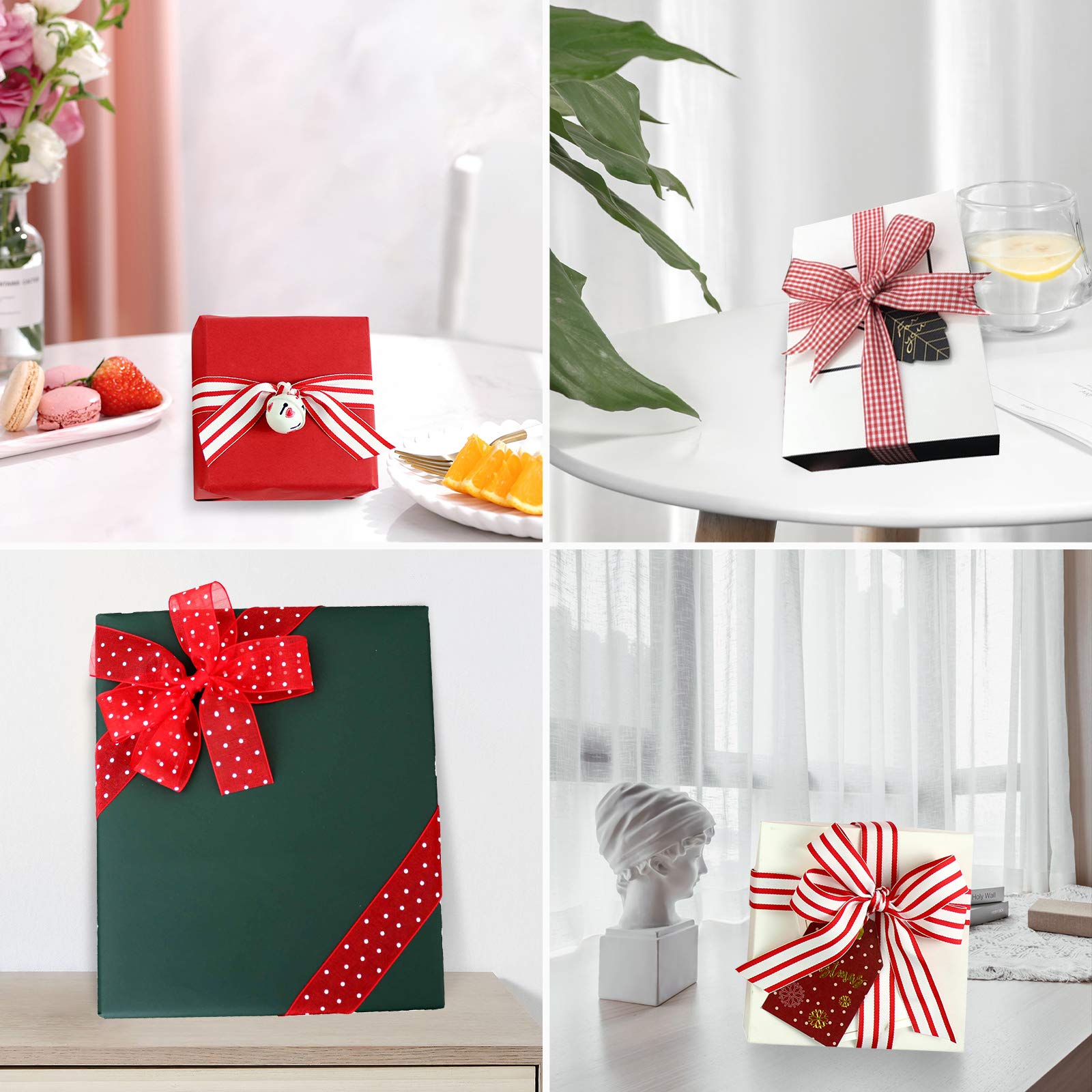 Stoffbänder rot und weiß kariertes Band zum Basteln, Ripsband gestreift für Geschenkverpackungen, 2,5 cm Organza-Punktband, 27,5 m
