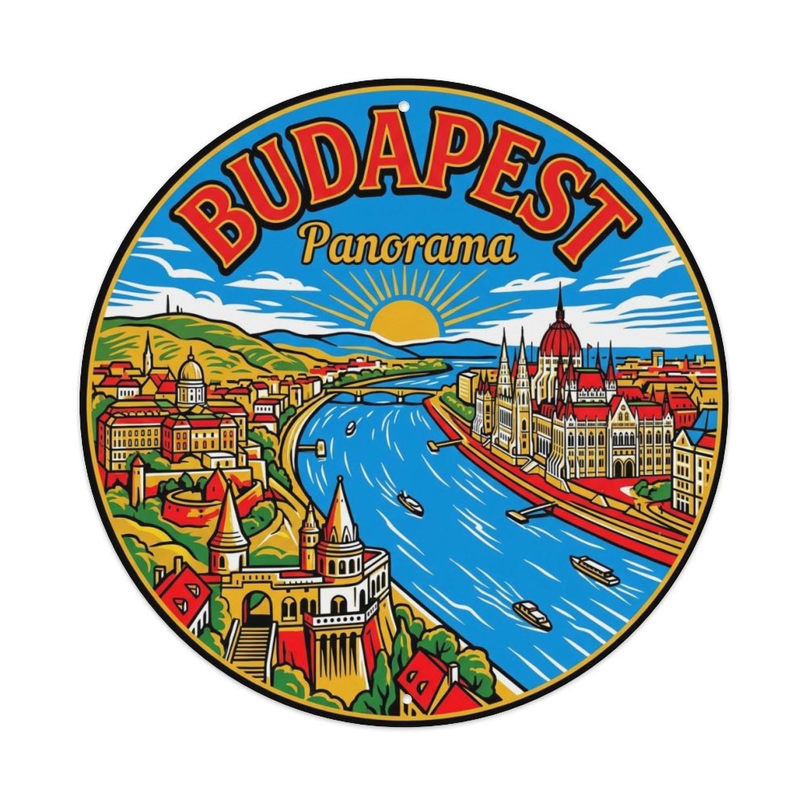 Vintage Travel Budapest Hungary Panorama Vintage Metal Tin Sign Plaque Wall Decor for Cafe, Club Bar, Office, Garden Metal Poster 8x8Inch