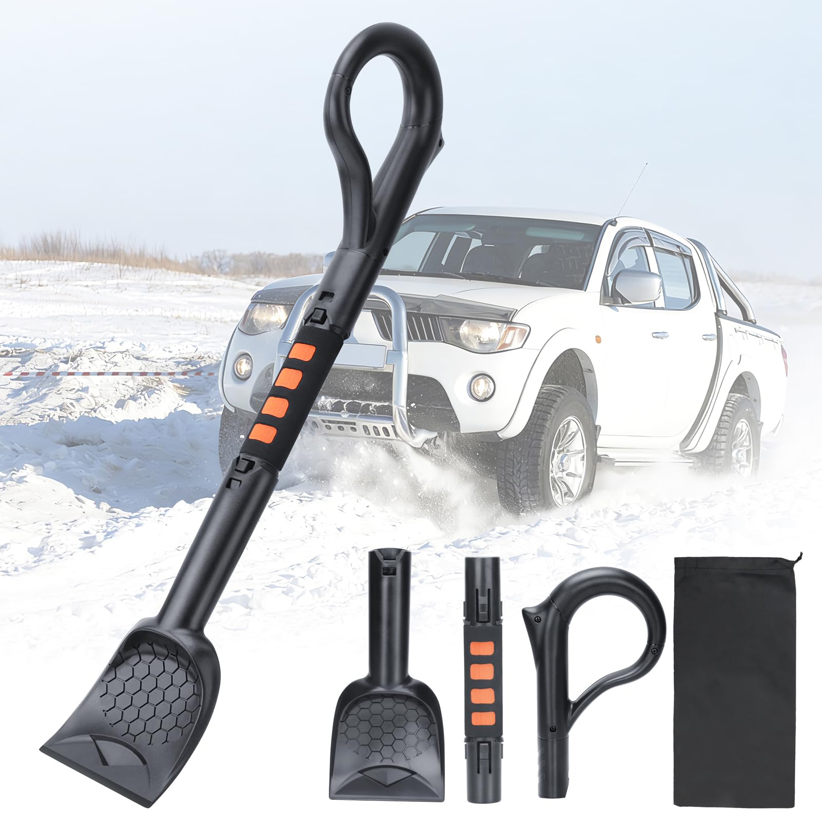 3-in-1 Ice Scraper for Car Windshield,25.8 inch Emergency Snow Shovel with 5.2inch Shovel Blade,Detachable Snow Scrapers with Ergonomic Soft Foam Grip for Cars, Trucks, SUVs, Vehicle(Orange)-image-31