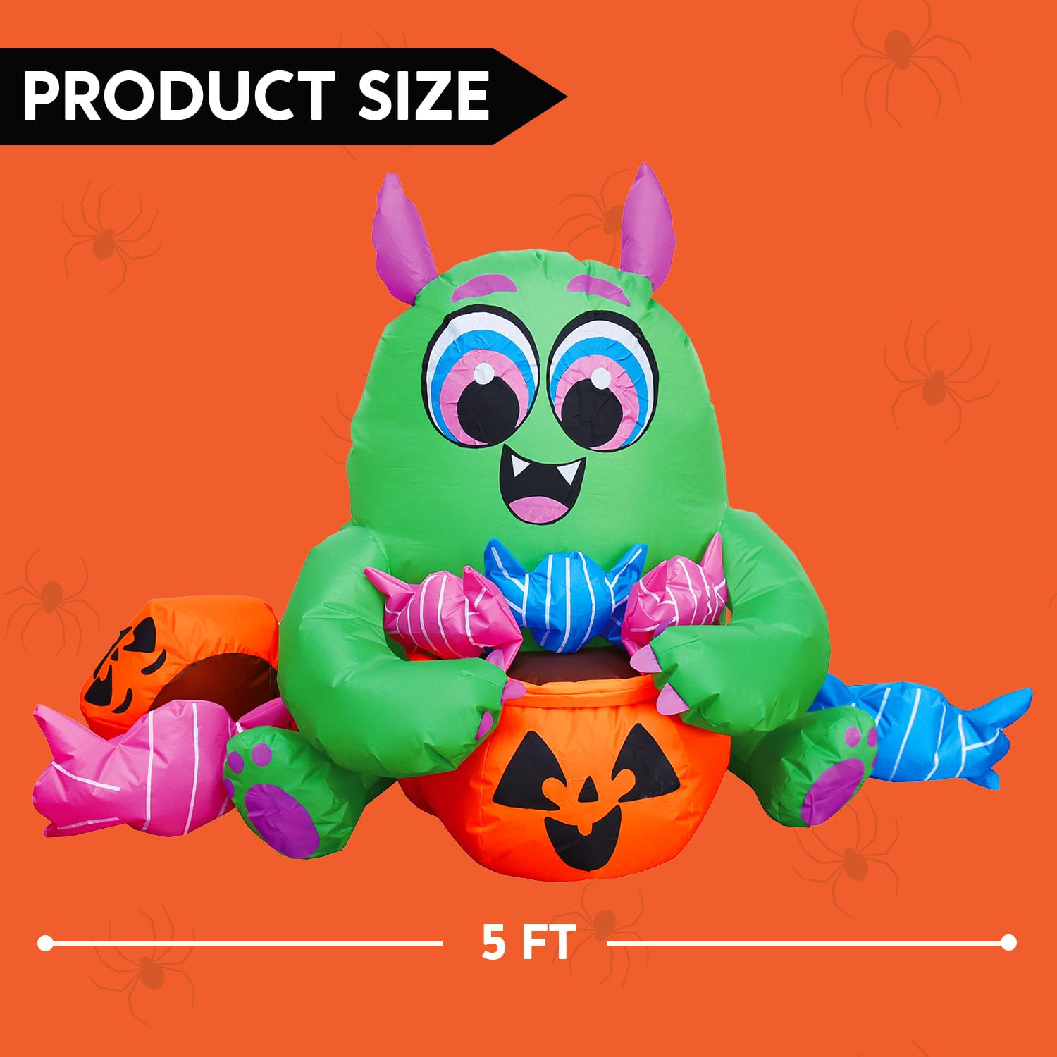 Joiedomi 5 FT Long Halloween Inflatable Monster Candy with Pumpkin Inflatable Yard Decoration with Build-in LEDs Blow Up Inflatables for Halloween Party Indoor, Outdoor, Yard, Garden, Lawn Decorations