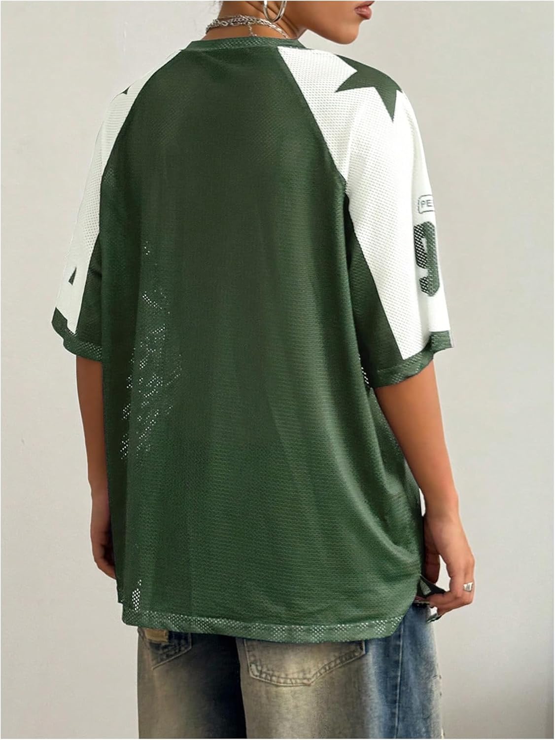 SHENHE Women's Oversized Graphic Football Jersey Shirt Mesh Short Sleeve Tee Top Streetwear - Image 2