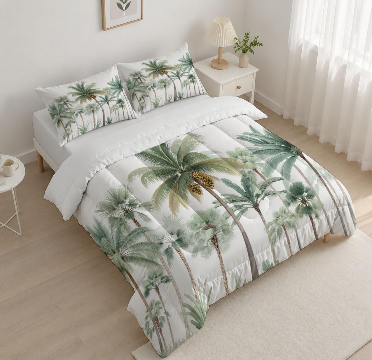 Tropical Style Quilt Set Queen 3 Pieces, Pale Green Quilts Bedding Set Watercolor Palm Tree Bedspread Bed Cover Lightweight Spring Summer Beds Coverlet for All Season - 90"X90"