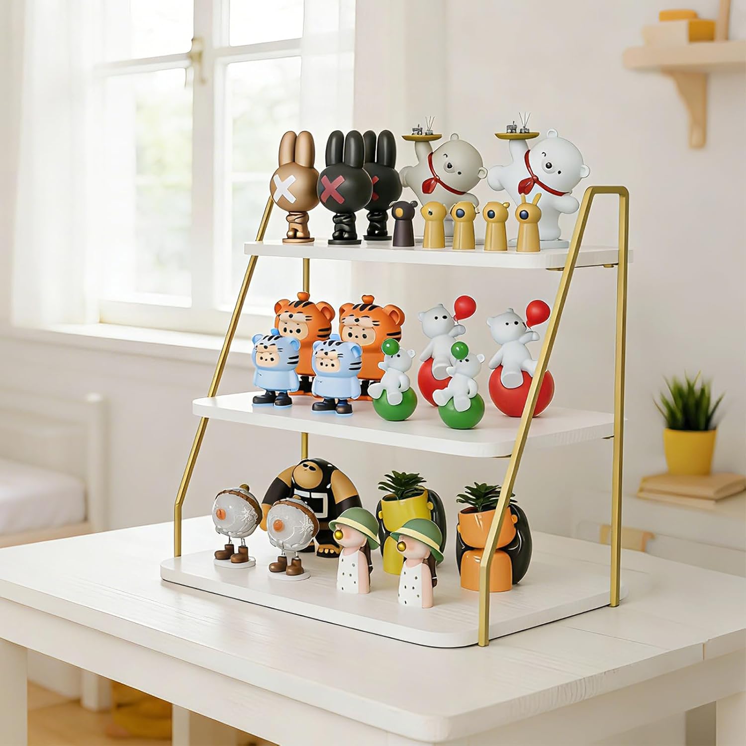 VyGrow three-layer Wooden Display Stand, Perfume Storage Rack, Party Display table, Figure and Collectibles Display Stand, Decorative and Storage Shelf (White and Gold)