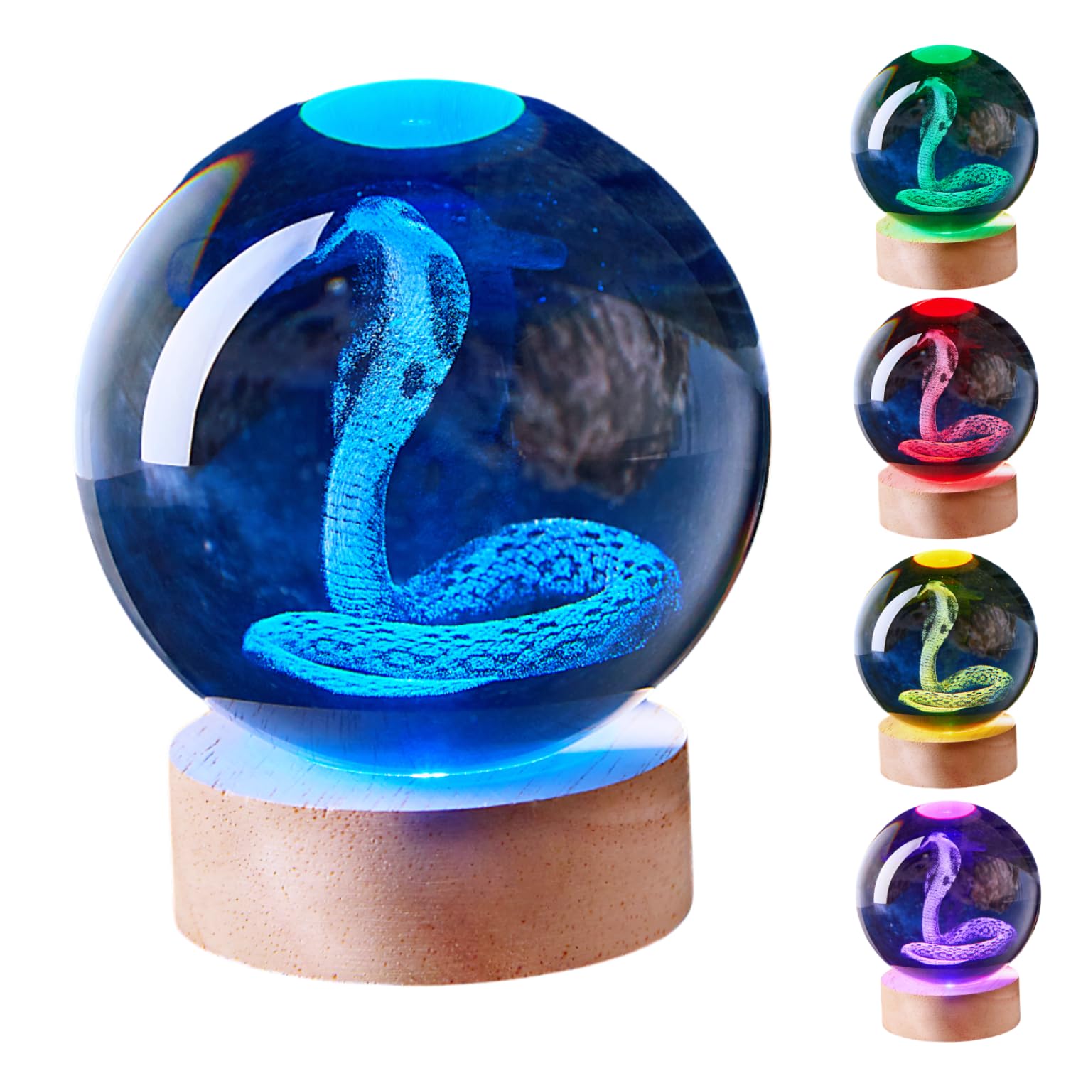 3D Snake Crystal Ball Lamp with Remote Control, 3.15 inch Cobra Crystal Night Light with Wooden Base 16 Colors Change, Cobra Glass Figurine Lamp Gift for Girls Boys Wife Girlfriend Mom (Snake)