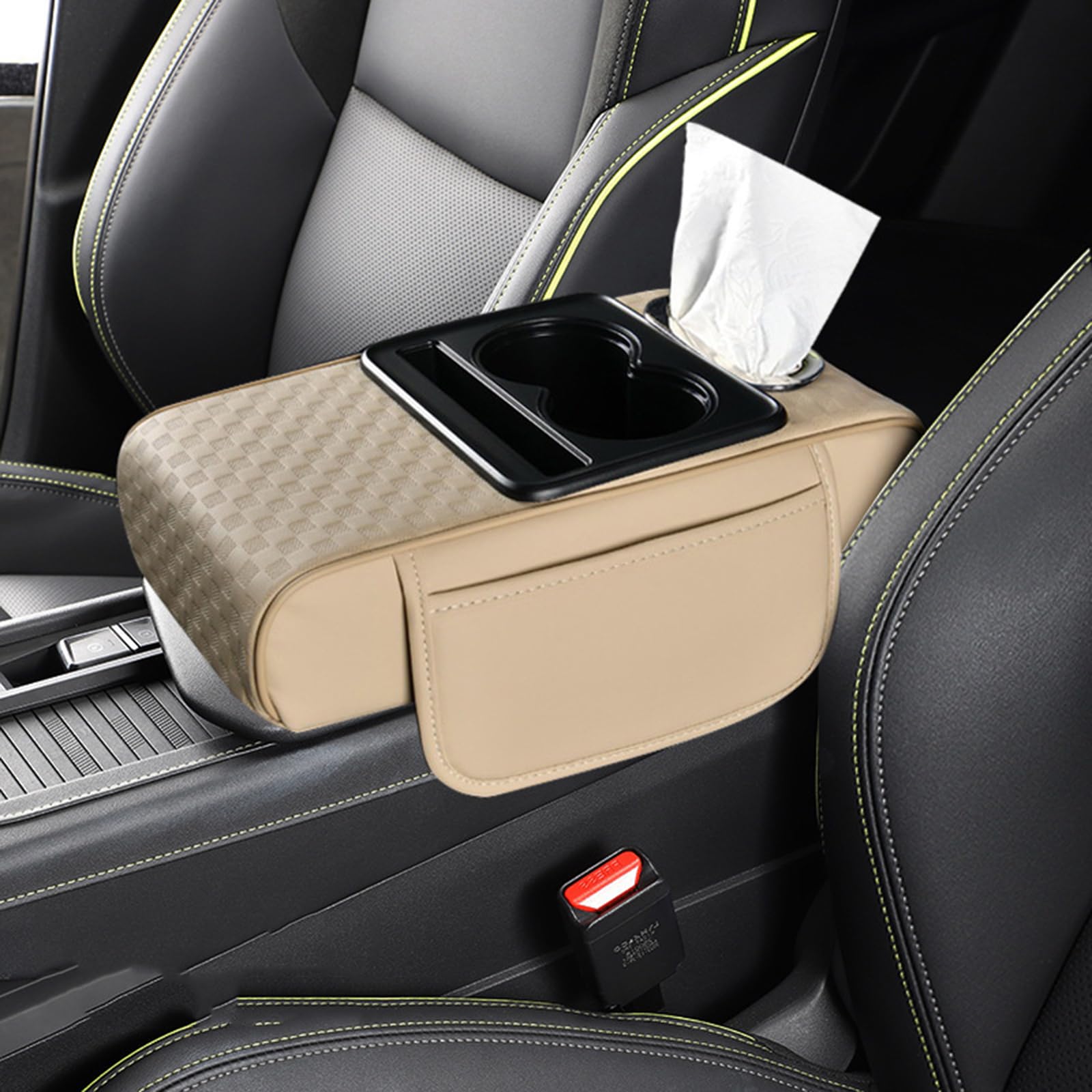 5 in 1 Car Armrest Console Cushion Car Armrest Box Height Cushion Multifunctional PU Leather Cars Box Mat Memory Universal Console Cushions (Beige,B)