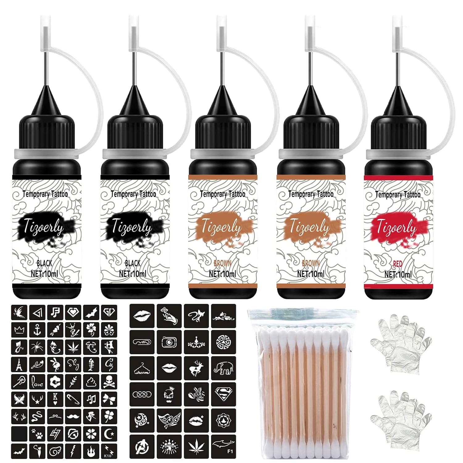 Temporary Tattoo Set, 5Pcs with Three Colors, 78 Pcs Adhesive Stencil (2Black, 2Brown ,1Red)