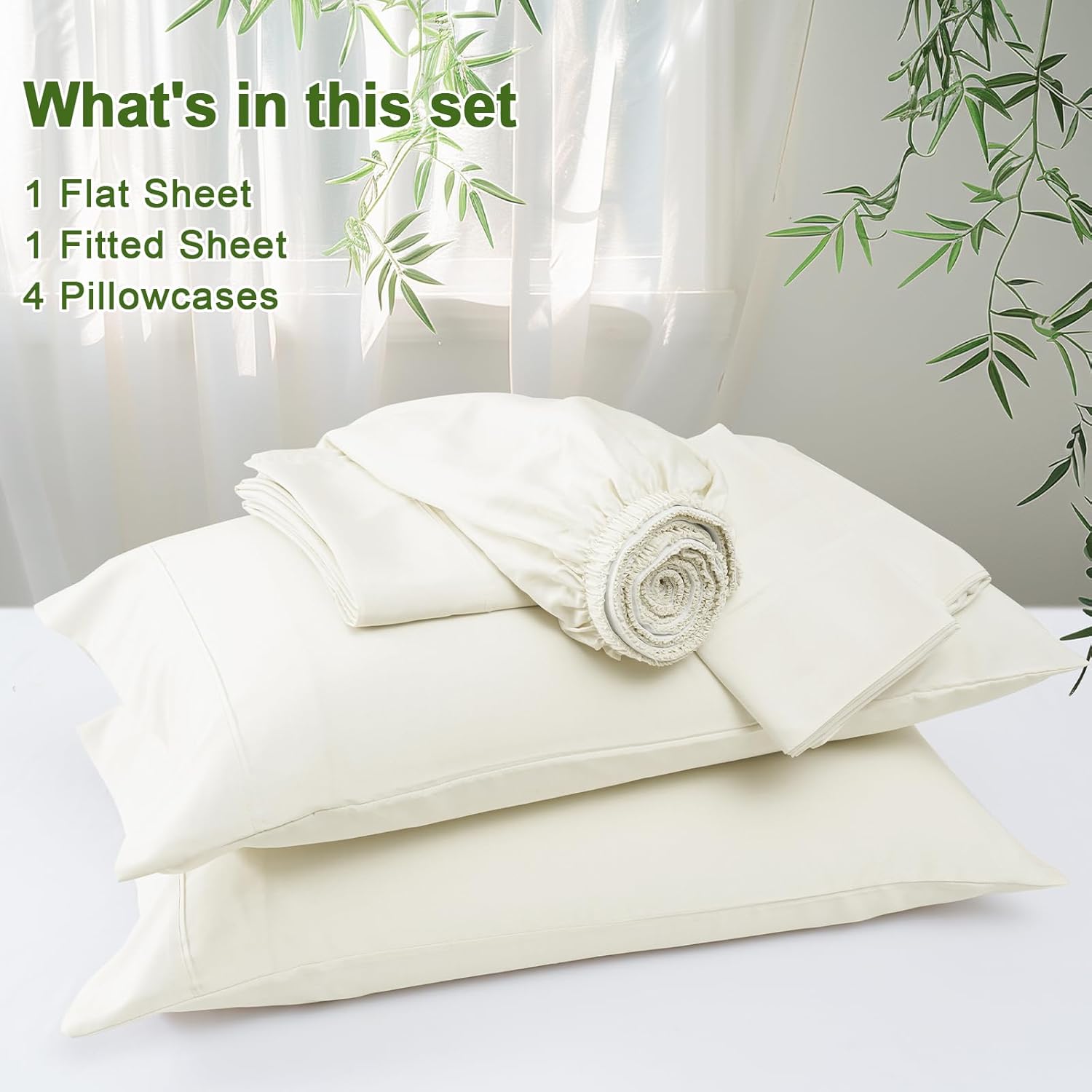 PHF Cooling Sheets Set King Size, Rayon Derived from Bamboo & Polyester, 6PCS Breathable & Wrinkle Free Silky Soft Bedding Sheets, Wider Elastic Band, 16" Deep Pocket Bedding Set & Pillowcase, Cream - Image 7