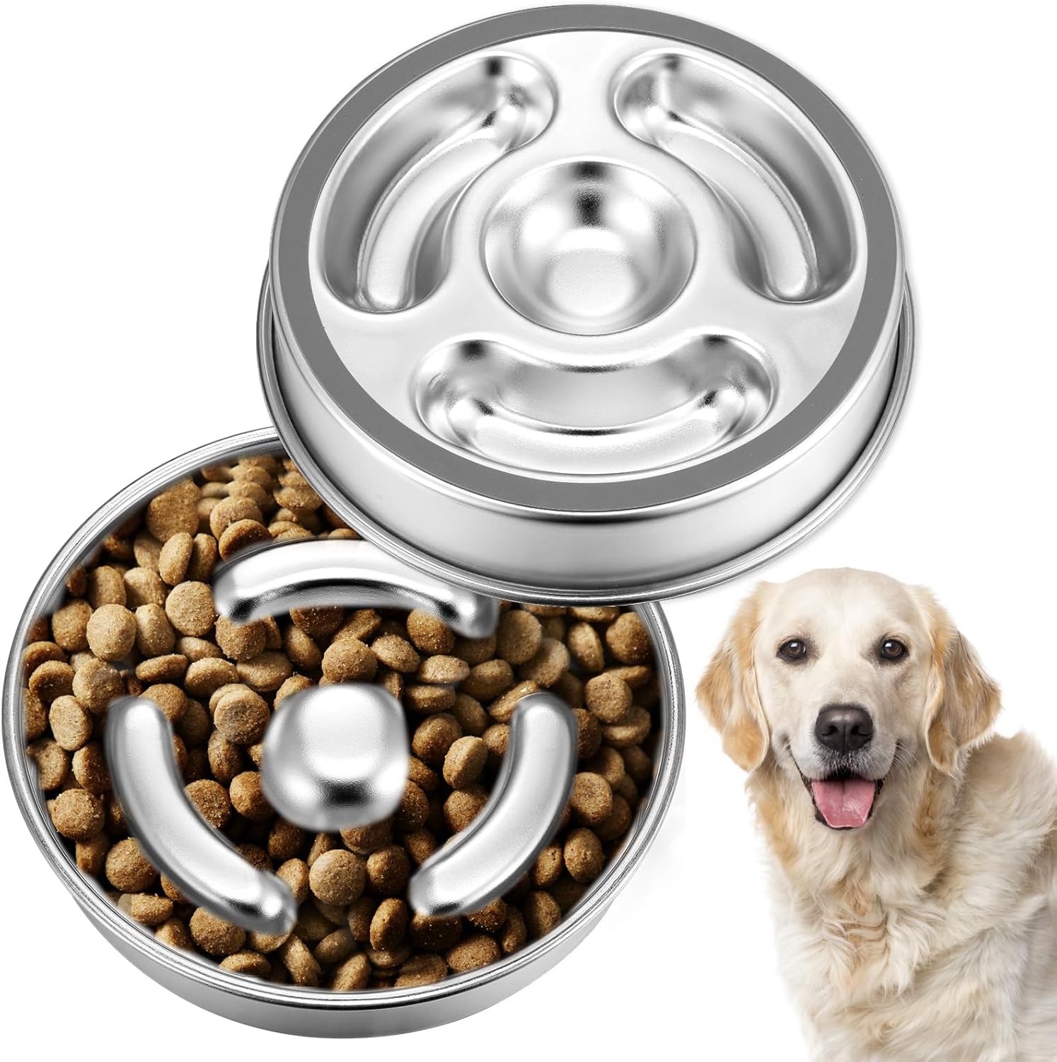 Molain Slow Feeder Dog Bowl, 2 Cups Stainless Steel Dog Food Bowls, Non-Slip Dog Water Bowl, Pet Bowl for Small & Medium Dogs, Fun Bloat Stop Dog Slow Feeder Bowl
