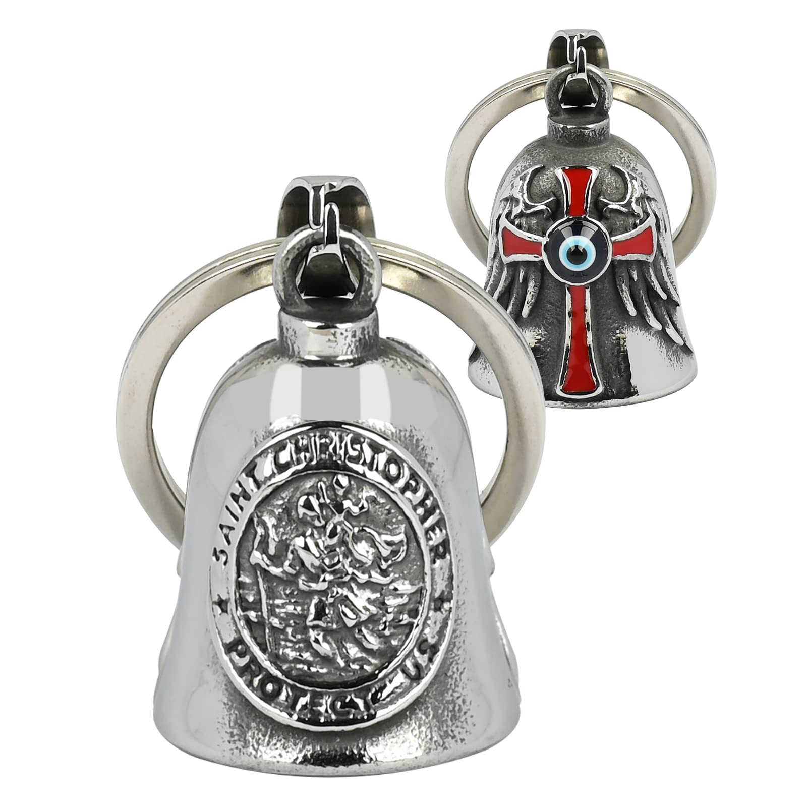 St Christopher Guardian Bell for Motorbikes: Guardian Angel Wings Motorbike Gifts Gremlin Bell Motorcycle, Evil Eye Keychain Key Rings Motorbike Accessories Lucky Cross Gifts for Men and Women