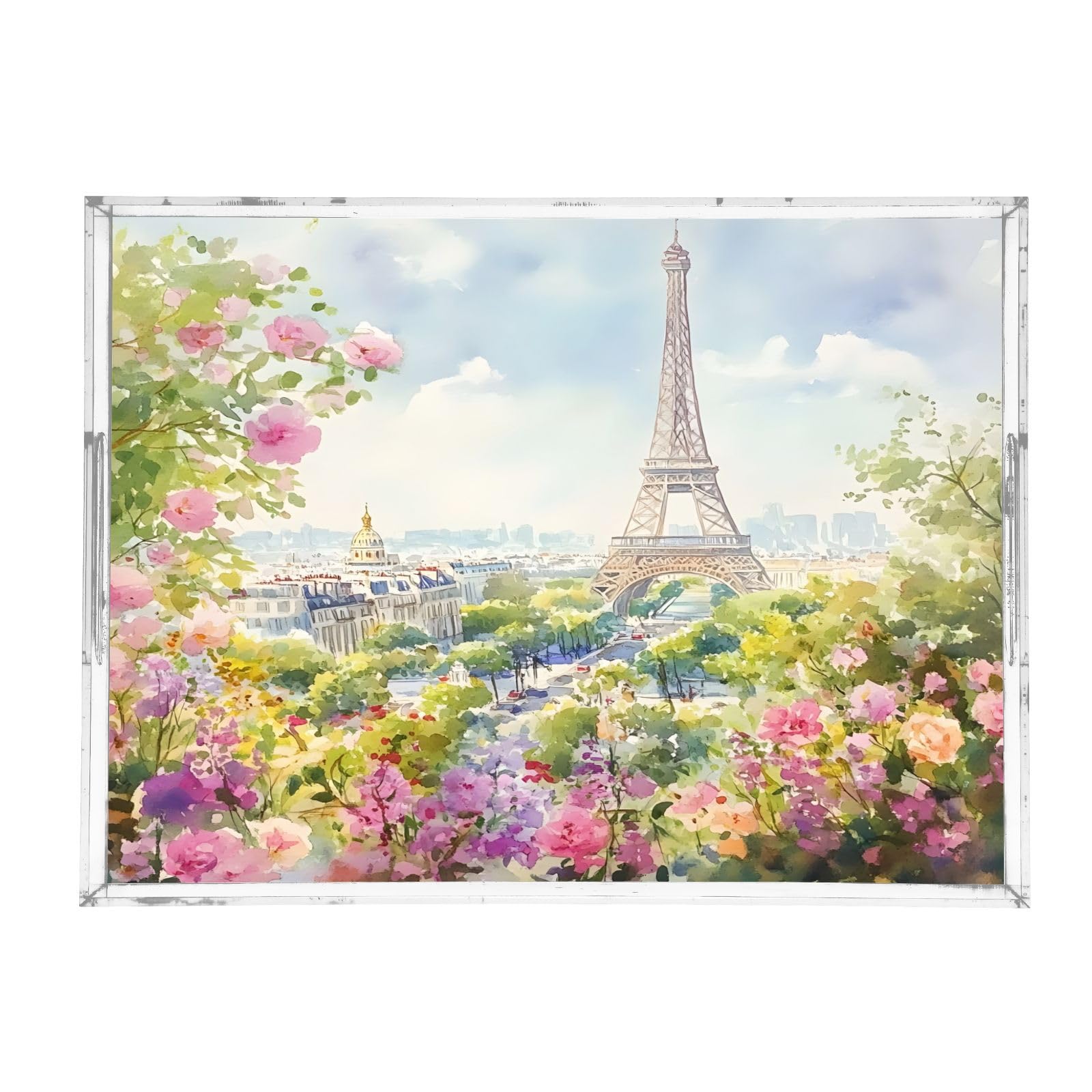 BOESI Watercolor Tower and Flower Sea Pattern Acrylic Decorative Dining Tray, Acrylic Decorative Tray Organizer with Handle for Kitchen, Dining Room, Bathroom, Dresser