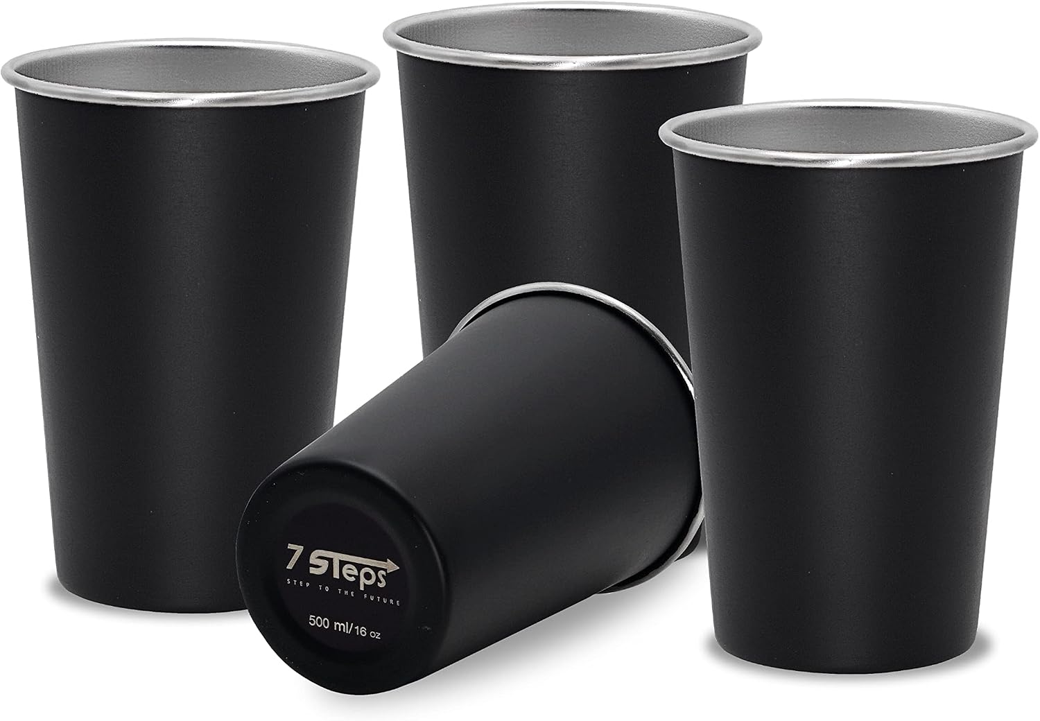 7 Steps - Stainless Steel Pint Cup 500 ml / 16 oz - Durable - Reusable - Party - Outdoor - Hiking - Camping - Picnic - Stackable Cup for Beer Juice Soda (Pack of 4) (Black)