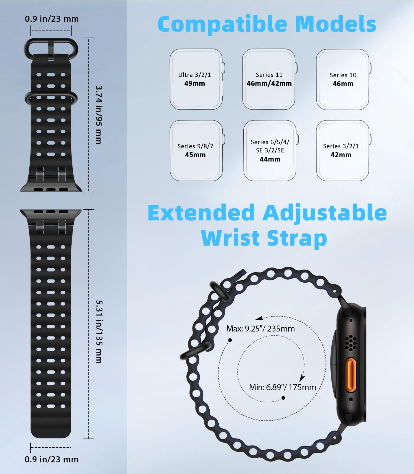 MoKo Correa Ocean Compatible con Apple Watch Ultra 3/2/1 49 mm, S11/S10 46 mm, 9/8/7 45 mm, SE3/SE2/SE/6/5/4 44 mm, 3/2/1 42 mm, Correa Deportiva de Silicona Transpirable, Negro/Negro&Azul Marino
