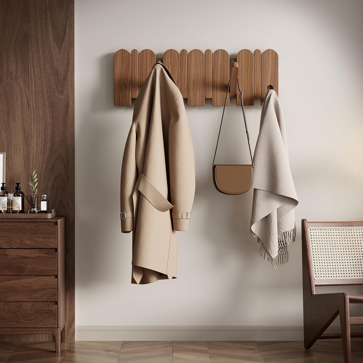 Walnut Wood Coat Rack Wall Mount,16.5" Wall Mounted Coat Rack with 8 Retractable Hangers,Heavy Duty Coat Hooks for Hanging Coats,Hats,Towels,Bags,Key Holder for Entryway