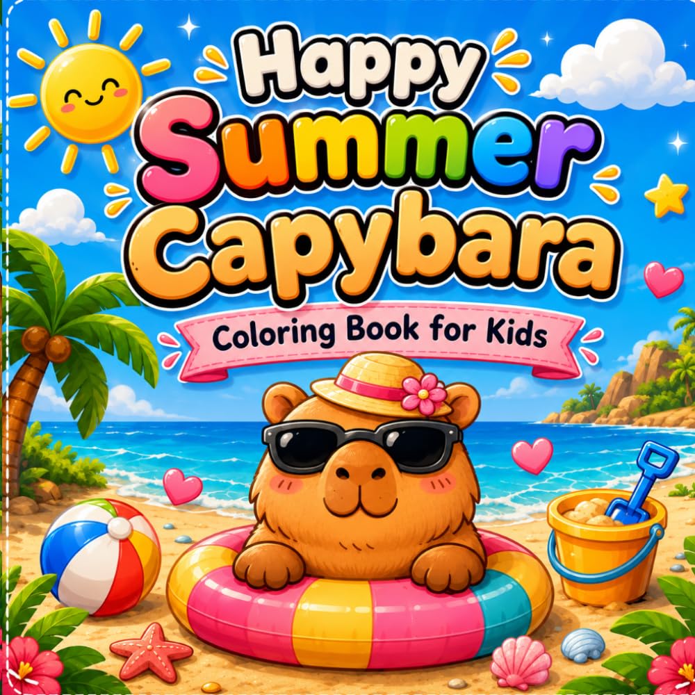 Happy Summer Capybara Coloring Book for Kids Ages 3–6: Cute and Easy Beach Adventures for Relaxation, Creativity & Fun