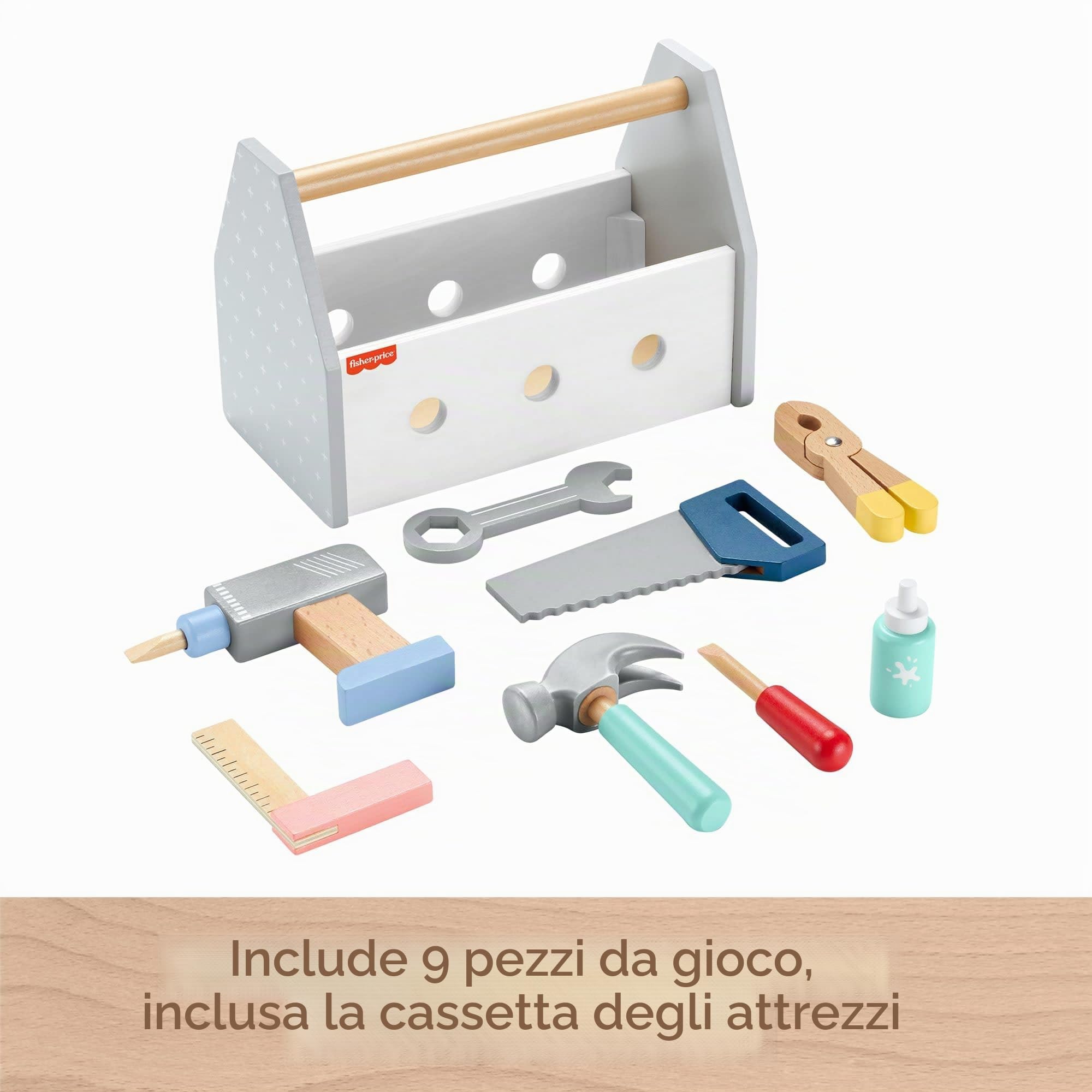Fisher-Price - Set Attrezzi da Lavoro in Legno, Include 9 Strumenti tra Cui Vari Utensili e la Cassetta per riportli, per Il Gioco Creativo da Costruire, Giocattolo per Bambini, 3+ Anni, HYG50