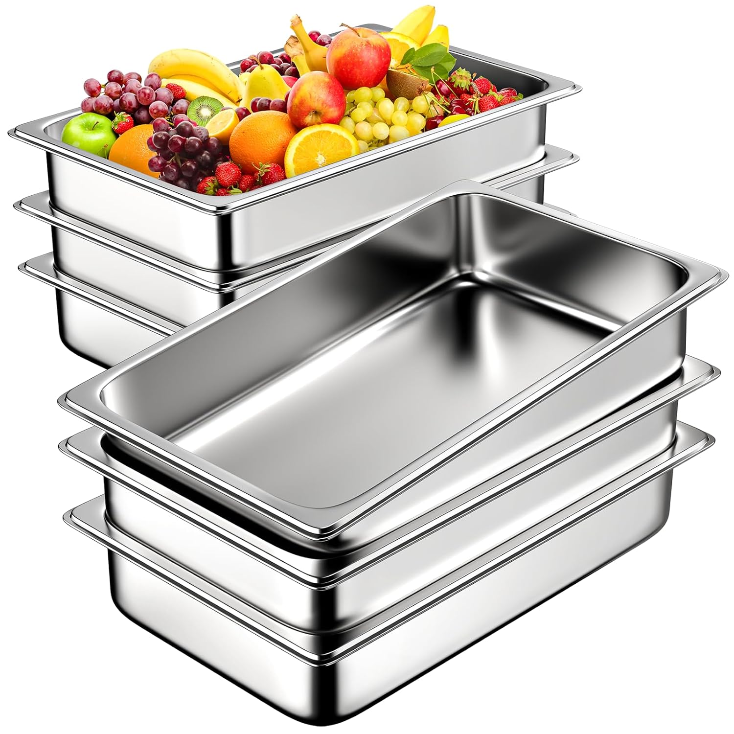 6 Pack Hotel Pans, 1/1 Full Size 4 Inch Deep Steam Table Pan, Stainless Steel Commercial Food Pan Anti Jam Steam Pan, Breading Trays for Hotel, Party, Buffet, Catering Supplies