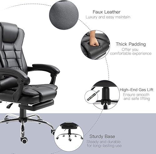 Miniatura 7 de HOMCOM Silla de oficina ejecutiva ergonómica de respaldo alto, silla de computadora de piel sintética con reposapiés retráctil, soporte lumbar,