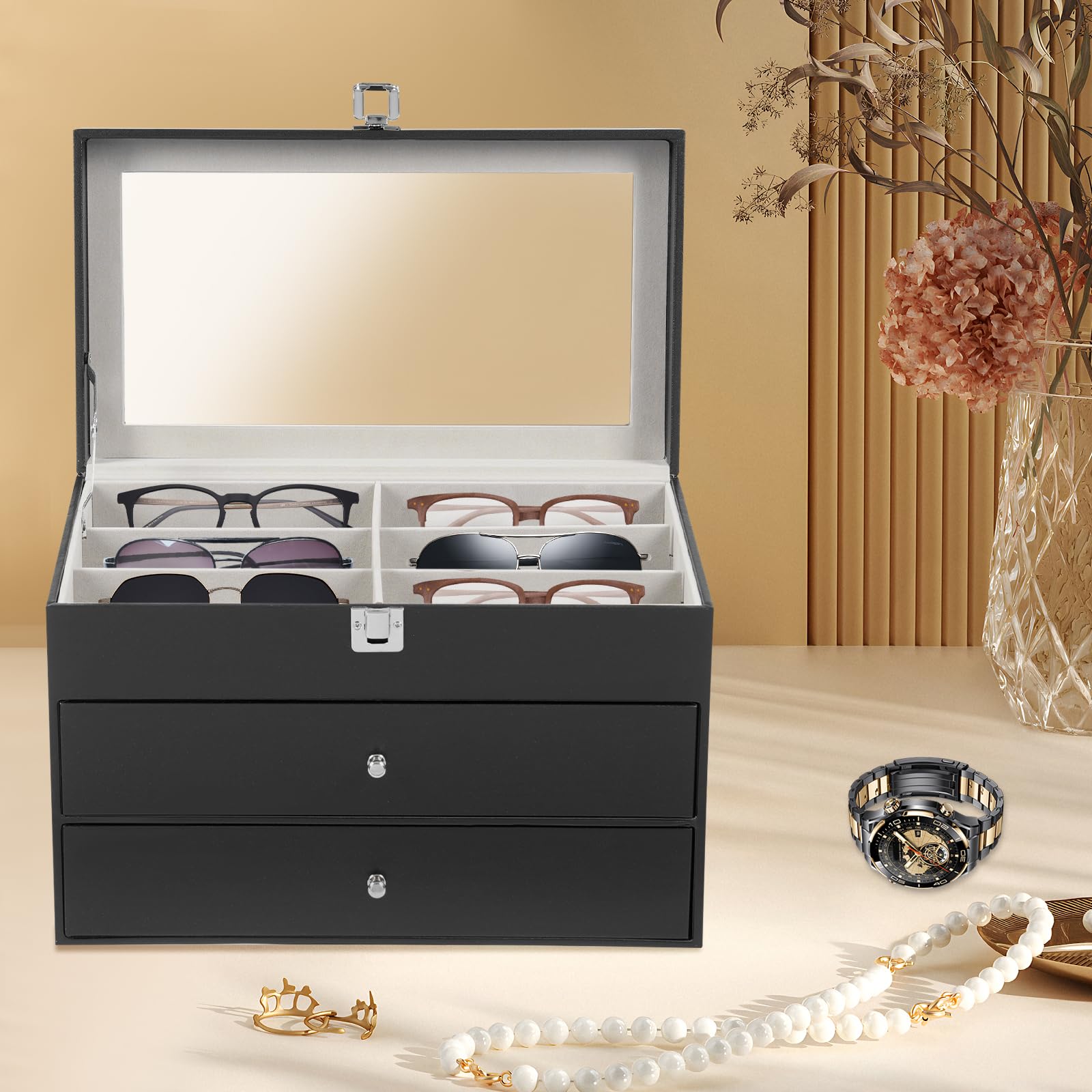 Caja para relojes de 3 niveles con 24 ranuras – Joyero, estuche para gafas y estuche de almacenamiento para relojes, gafas, joyas, anillos y más