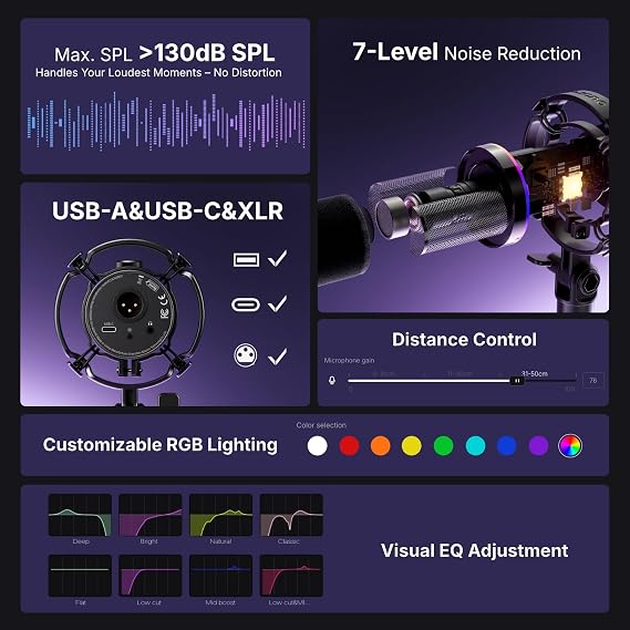 MAONO PD200XS XLR/USB Dynamic Microphone Kit, RGB Gaming Mic with Software
