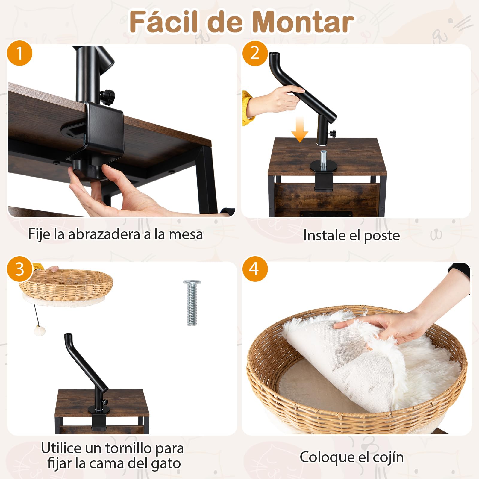 COSTWAY Cama Gato para Escritorio, Hamaca para Gatos Giratoria de 360° de Ratán con Cojín Extraíble y Bola Colgante, Cama para Gatos, Nido Suave para Mascotas para Oficina, Hogar, sin Taladrar