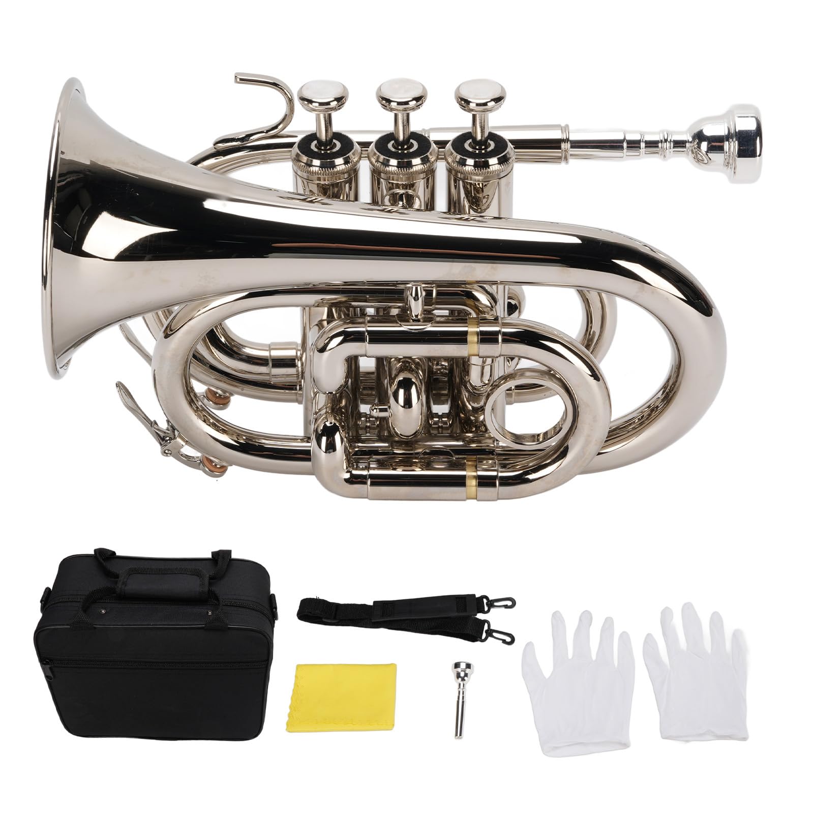Bb-Trompete, N plattierte Basstrompete Ergonomische tragbare Bb-Taschentrompete für Anfänger, Studenten, Reisende und Profis, doppeltes Entwässerungsventil