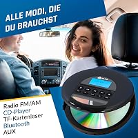 CD player portabil KLIM Nomad cu Bluetooth, radio FM, card TF de 16 GB, cititor de carduri TF, MP3, CD-R, CD-RW, negru, pentru mașină, cu căști 3