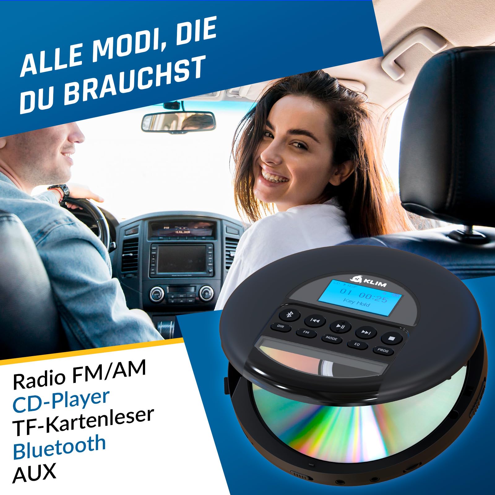 KLIM Nomad CD Player Bluetooth - Tragbarer CD-Player mit langlebigem Akku - Inklusive Kopfhörer - 16GB TF Card - CDR, CDRW, MP3 - Mit TF-Reader, Radio FM - Ideal für Autos - Portable Diskman - Schwarz