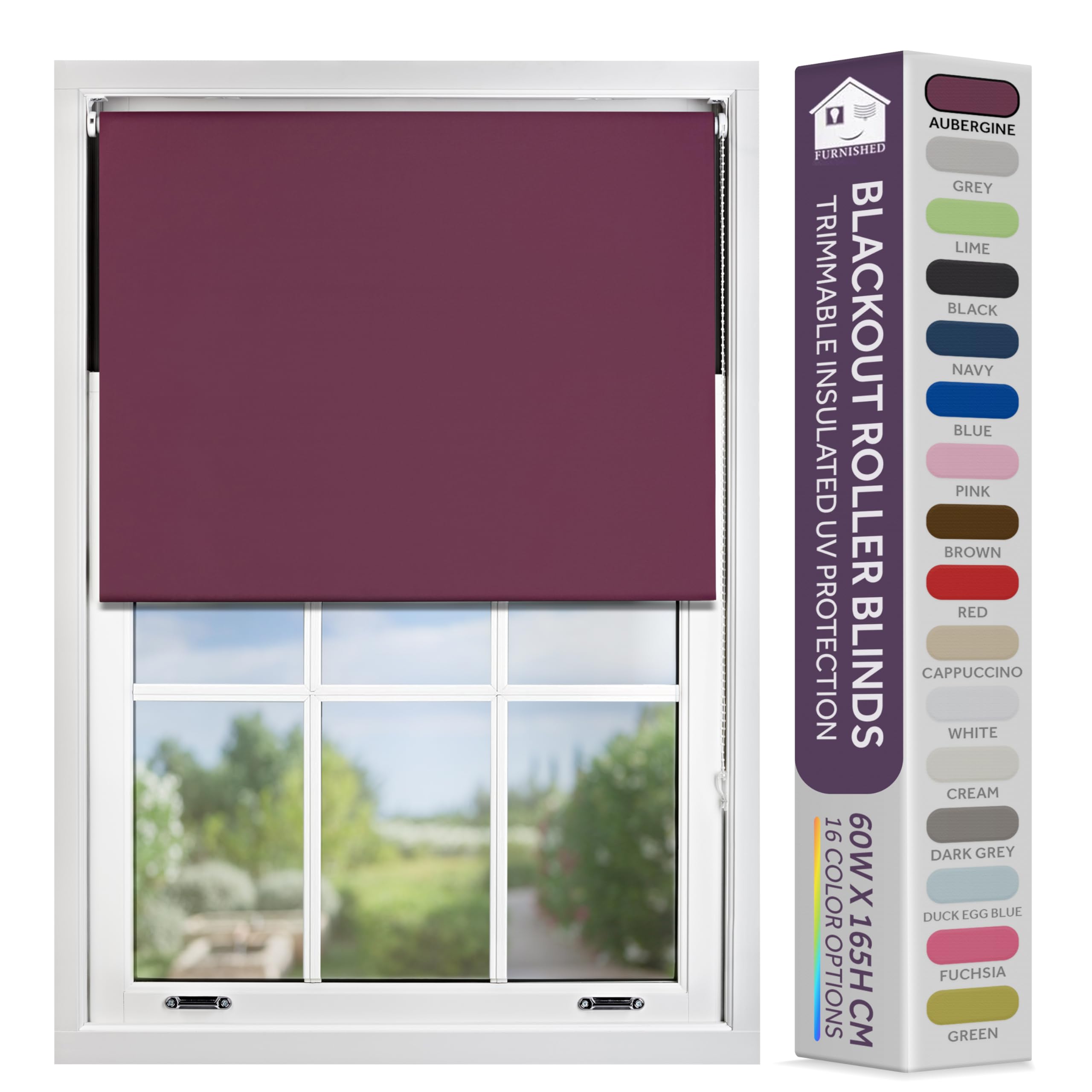 FURNISHED Blackout Roller Blind with Metal Fittings Trimmable Insulated Thermal Fabric Heavy-duty Easy Install Brackets Window Roller Blinds - Aubergine, 50W x 165H cm