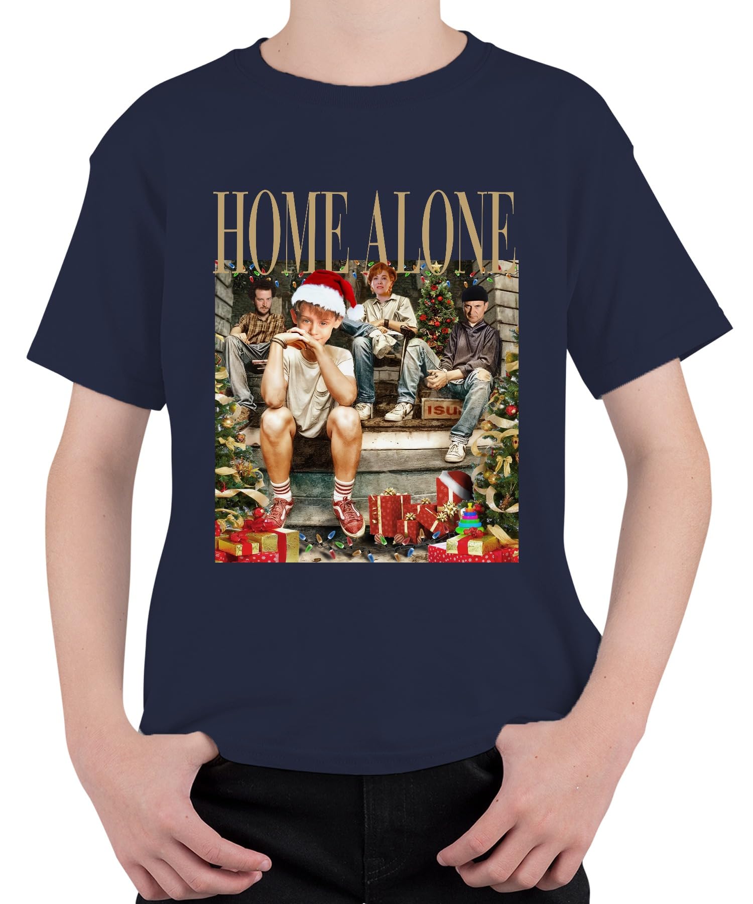 Printera Unisex Kids Navy Home Alone Gangster Retro Vintage Kevin Kate Harry Marv - Christmas Xmas Children's T-Shirt, 140