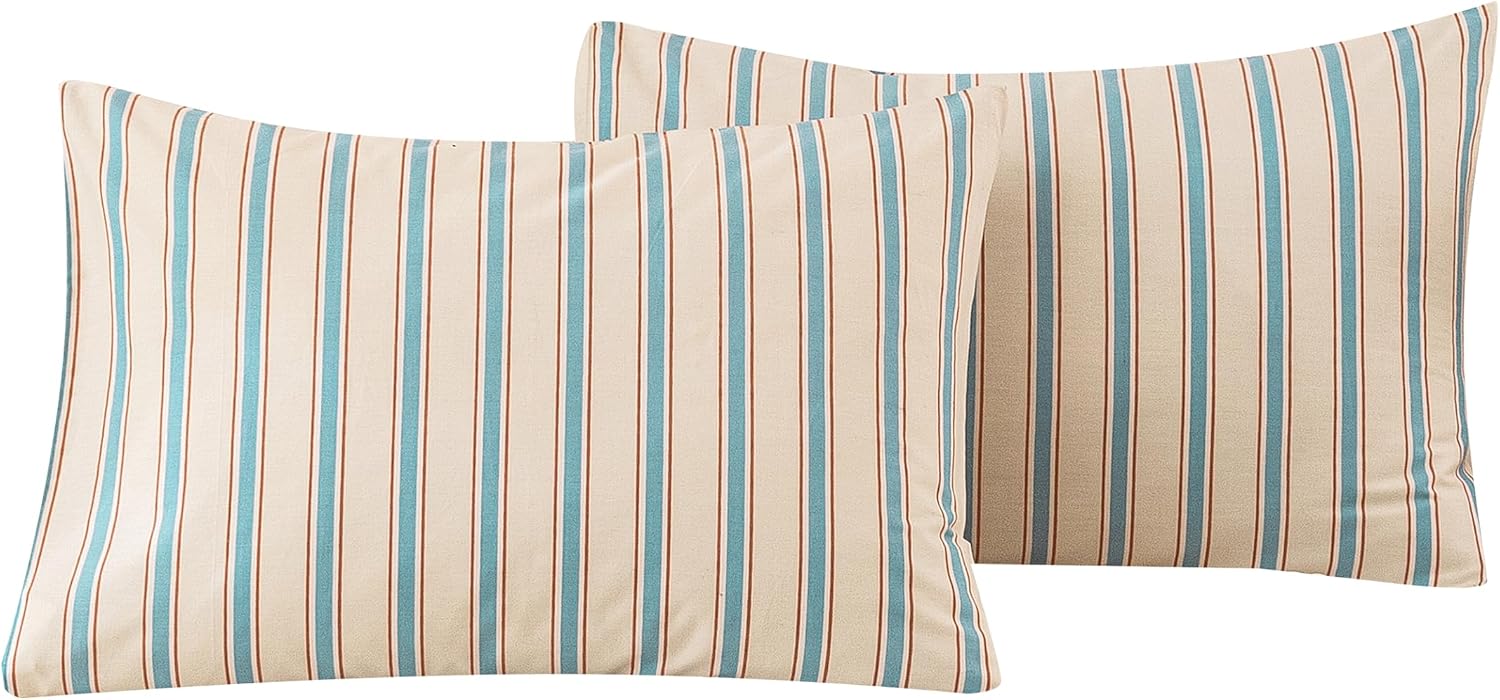 ECOCOTT Striped Pillowcases King Size Set of 2, 100% Washed Cotton Pillow Cases with Envelope Closure, Blue&Brown Ticking Stripe Pillow Covers 20“X36”