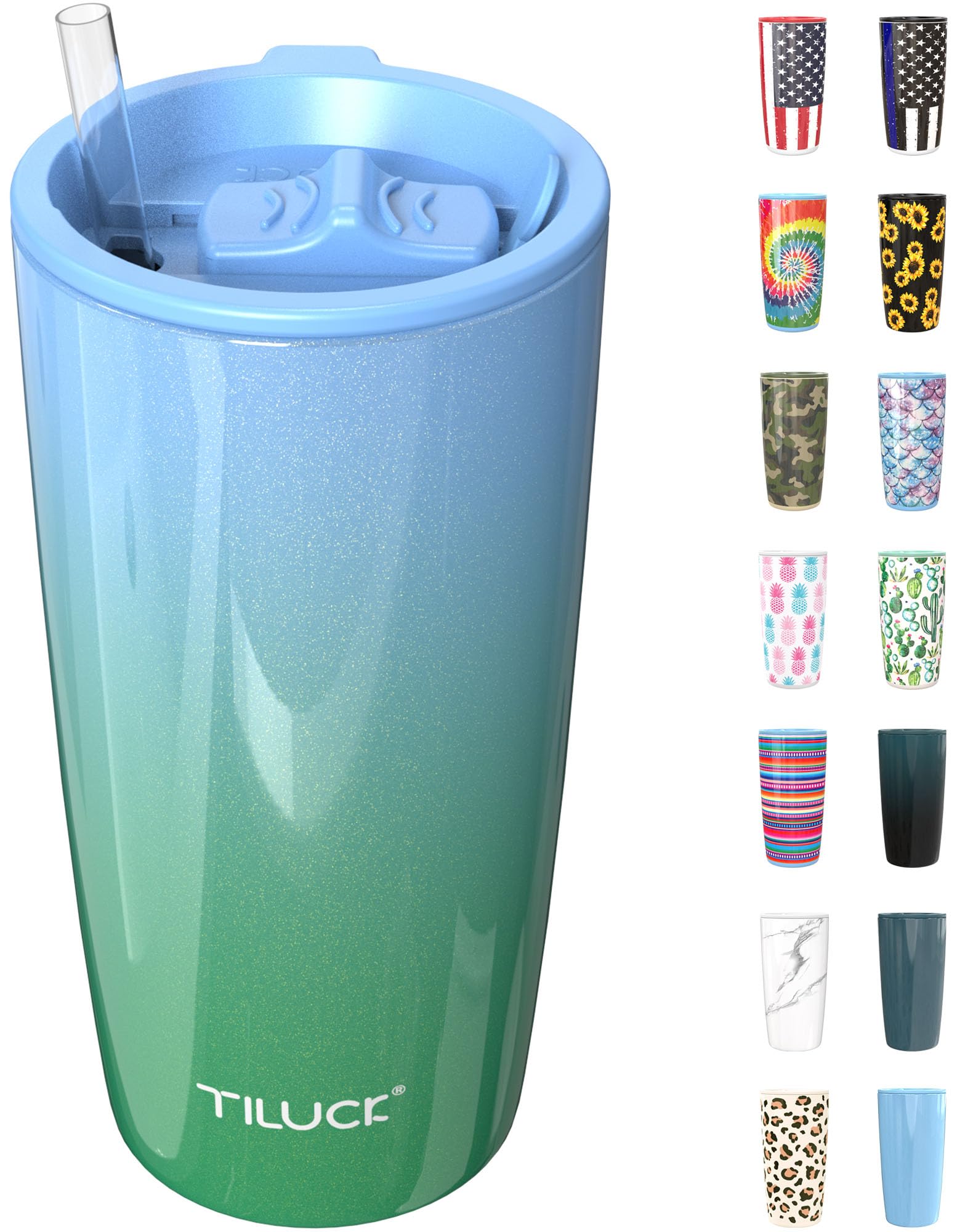 TILUCK20oz Coffee Tumbler with Lid and Straw, Stainless Steel Double Wall Vacuum Insulated Travel Mug, Coffee Tumbler Water Cup with Leak Proof Lid (GlitterGreenBlue)