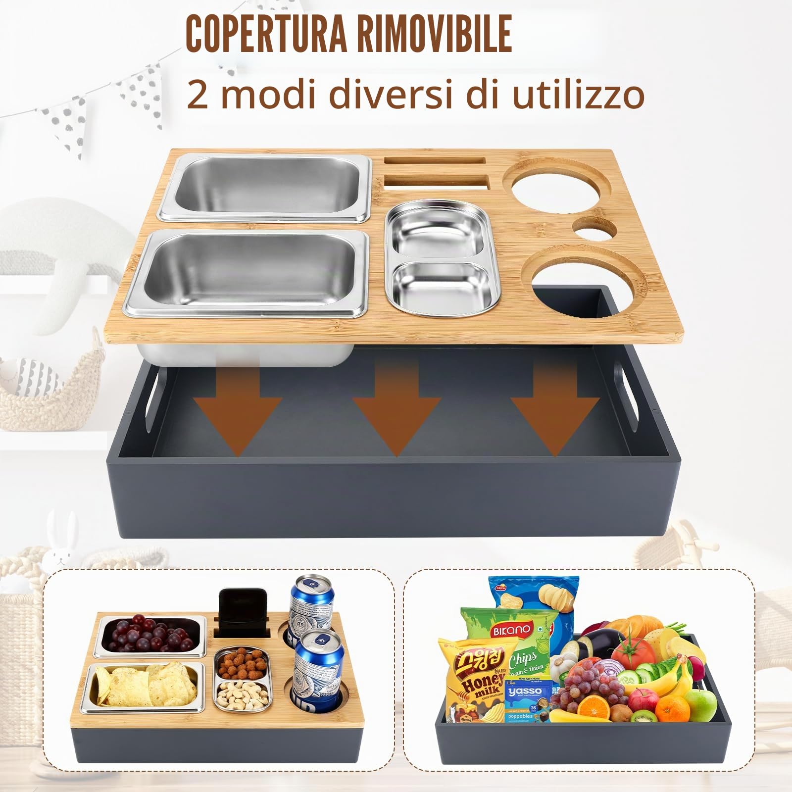 Collazoey Snackbox da Divano, con Contenitori per Snack in Acciaio Inox, con Coperchio Rimovibile, Vassoio da Divano, Supporto per Divano per Soggiorno, Camera da Letto, Giardino, Campeggio