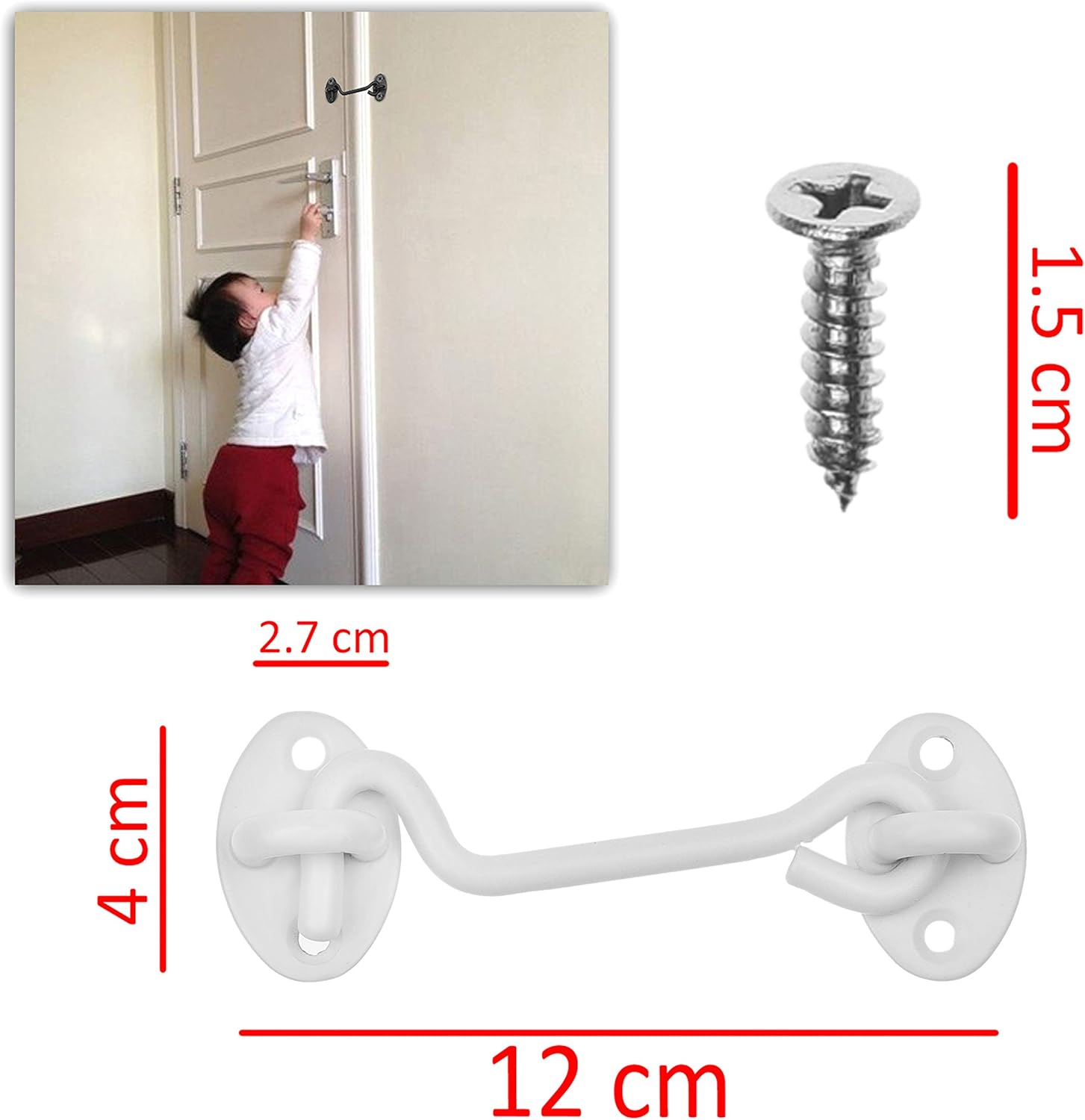 Kare & Kind Hook and Eye Latch (4-inch) - with Mounting Screws - Heavy Duty Locks for Door, Gates, Barns, Bathrooms, Cabins (1-White)
