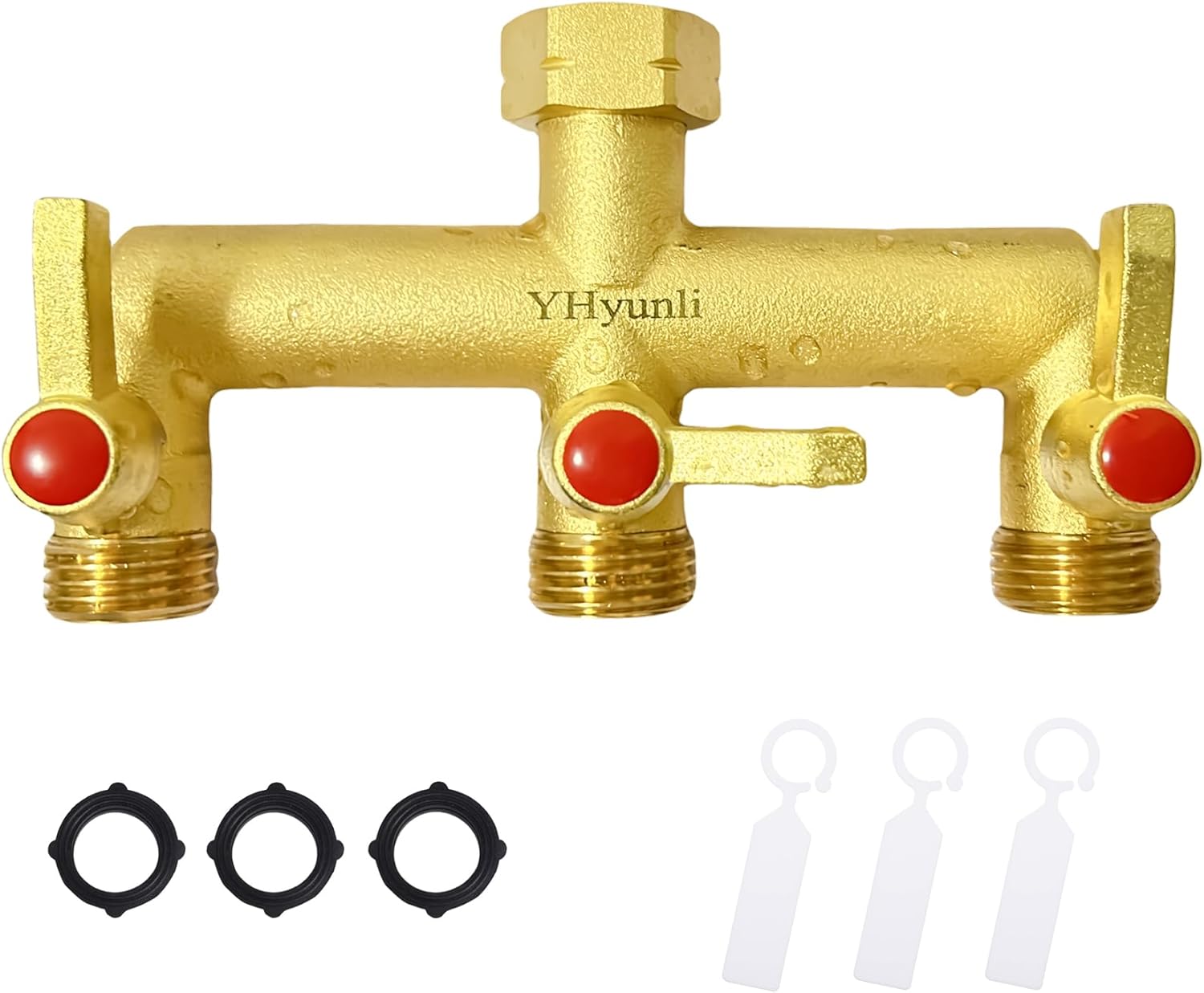 Garden Hose Splitter, 3 Way Hose Splitter, Full Flow 3/4” Rust & Freeze, Outdoor Heavy Duty Brass 3-Way Valve Faucet Adapter, Metal Extended Labor Saving Handle