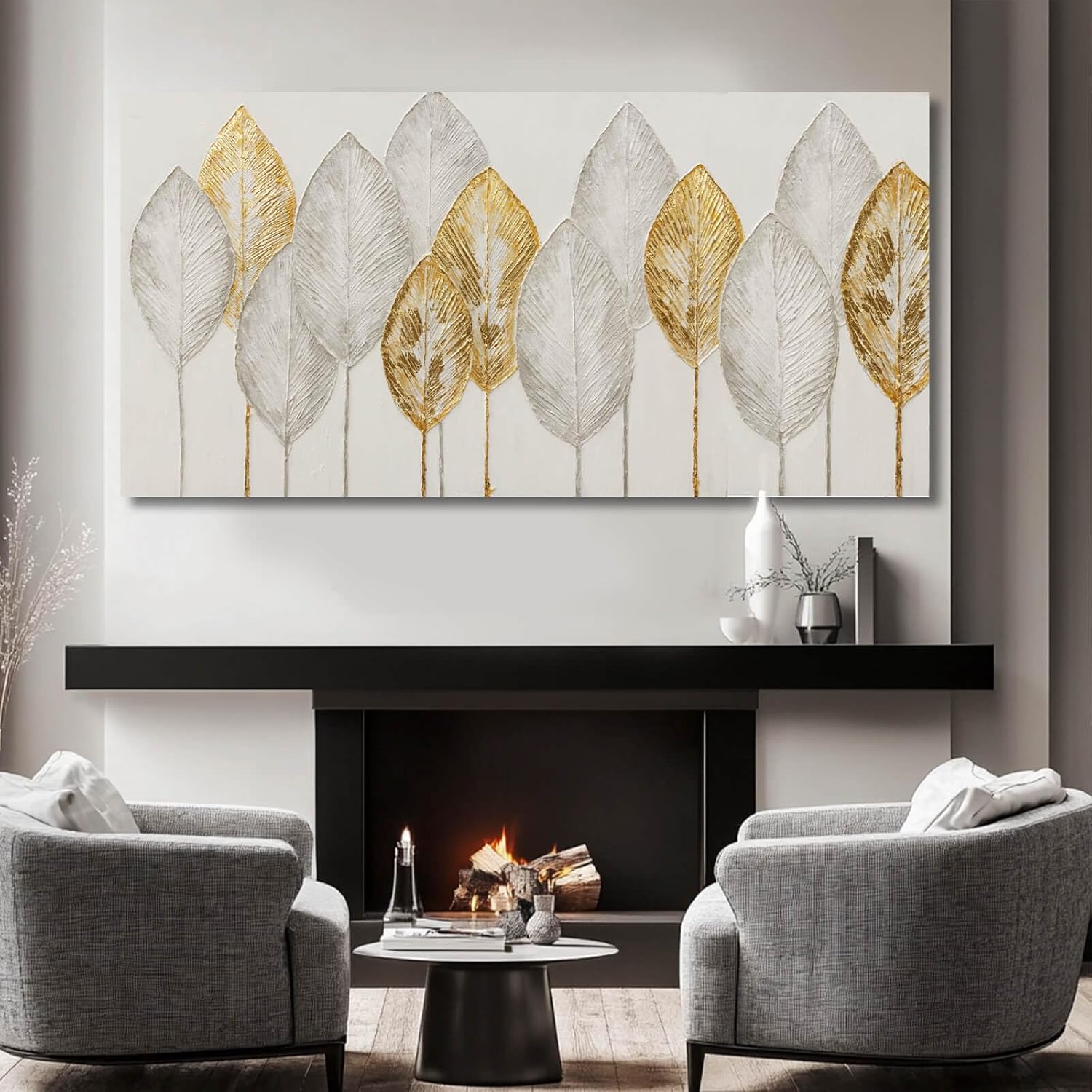 Kureful Minimalist Wall Pictures Leaves Wall Painting Modern Wall Art 29"x58" Artwork for Living Room Canvas Art Posters for Kitchen