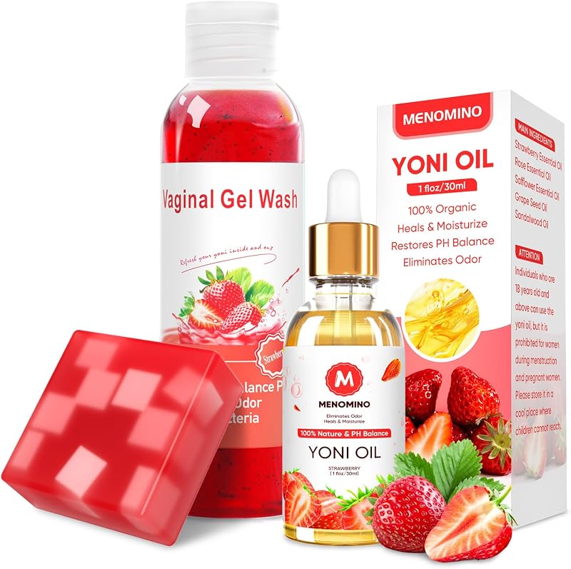 Lavado femenino y barra de jabón Yoni y aceite de Yoni para mujer Equilibrio del pH, fresa | Yoni Wash para hidratación vaginal, elimina el olor, 5.07 onzas líquidas de lavado íntimo, 1 onzas líquidas de aceite femenino orgánico y barra Yoni de 3.53 onzas