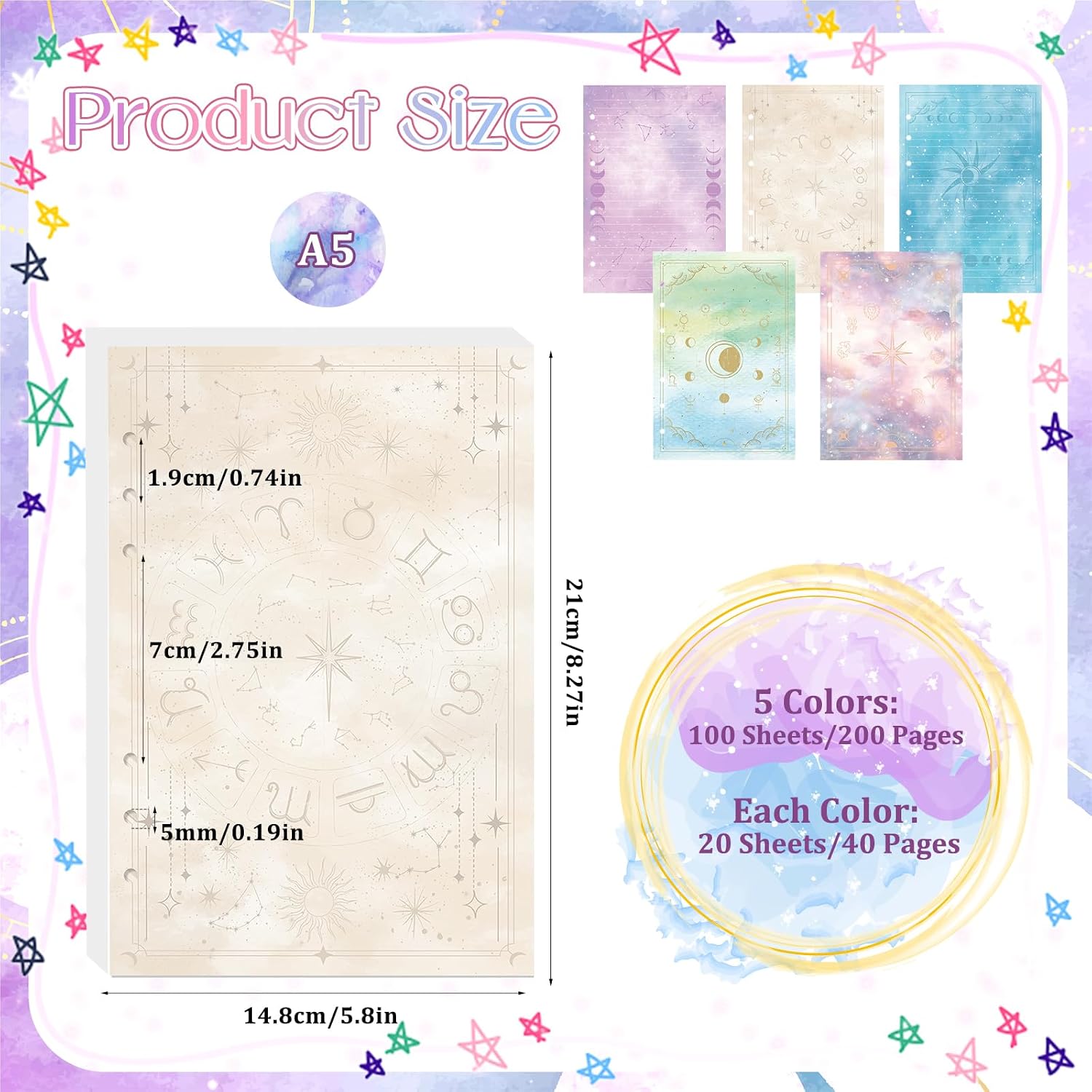 100 Sheets Tarot A5 Refills Papers for Planner Insert Binder, 120GSM Thick Mystic Tarot Card Design Notebook Fillers, Astrology 6 Hole Loose Leaf Papers for A5 6 Ring Binder Journal Diary image 2