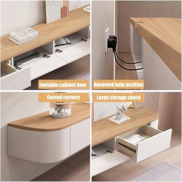 Floating TV Unit, Wall Mounted TV Cabinet, Floating Shelves with Doors & Drawer, Modern Entertainment Media Console Center Storage TV Bench for Living Room & Office (White Brown,160cm/63.0in)