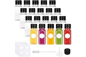 20-Piece Value Set: Plastic Juice Bottles with Caps, Labels, Funnel, and Brush
