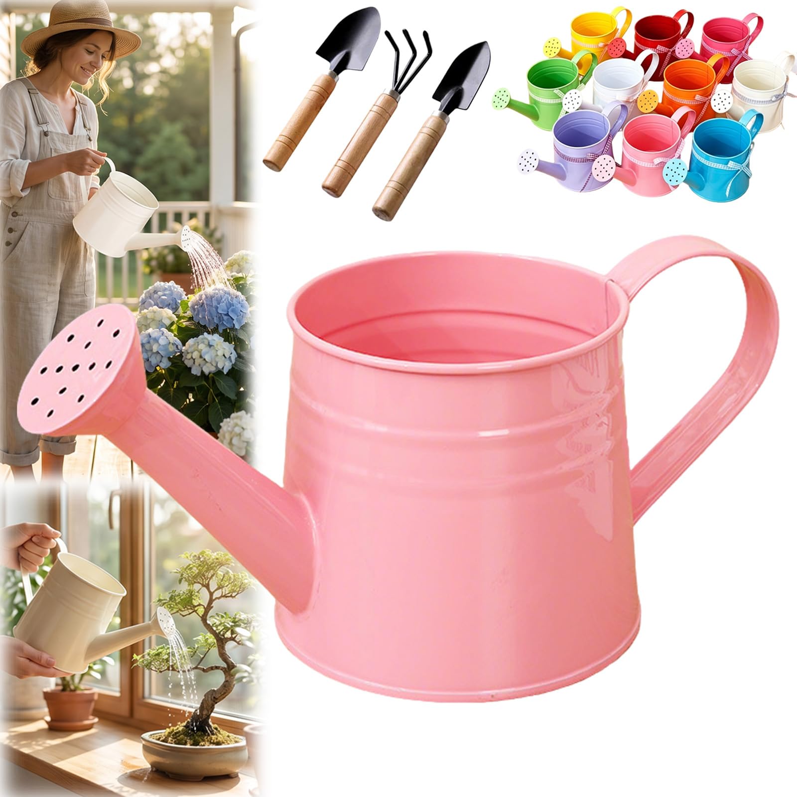 White Watering Can Metal, 1L Vintage Galvanized Sprinkler Can, Rustproof & Leak-Resistant, Ideal for Indoor & Outdoor Plants, Lawn, Garden – Durable Gardening Tool for Home & Office (Pink)
