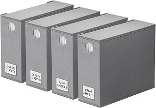 SpaceAid 4-Pack Foldable Bed Sheet Organizers with Clear Window & Labels - XL Queen/King Linen Closet Storage, Gray