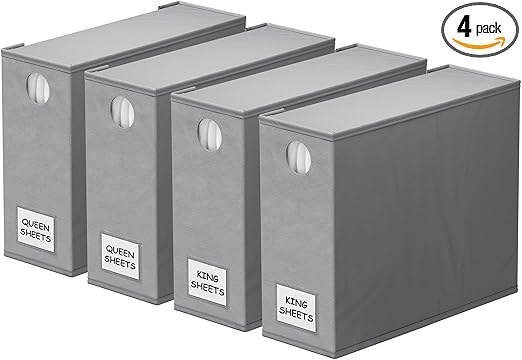 SpaceAid 4 Pack Bed Sheet Organizers and Storage, Foldable Sheet Organizer for Linen Closet, Sheets Set Folder Keeper with Window XL (Queen & King Size) Organizing Bedding Container, Gray